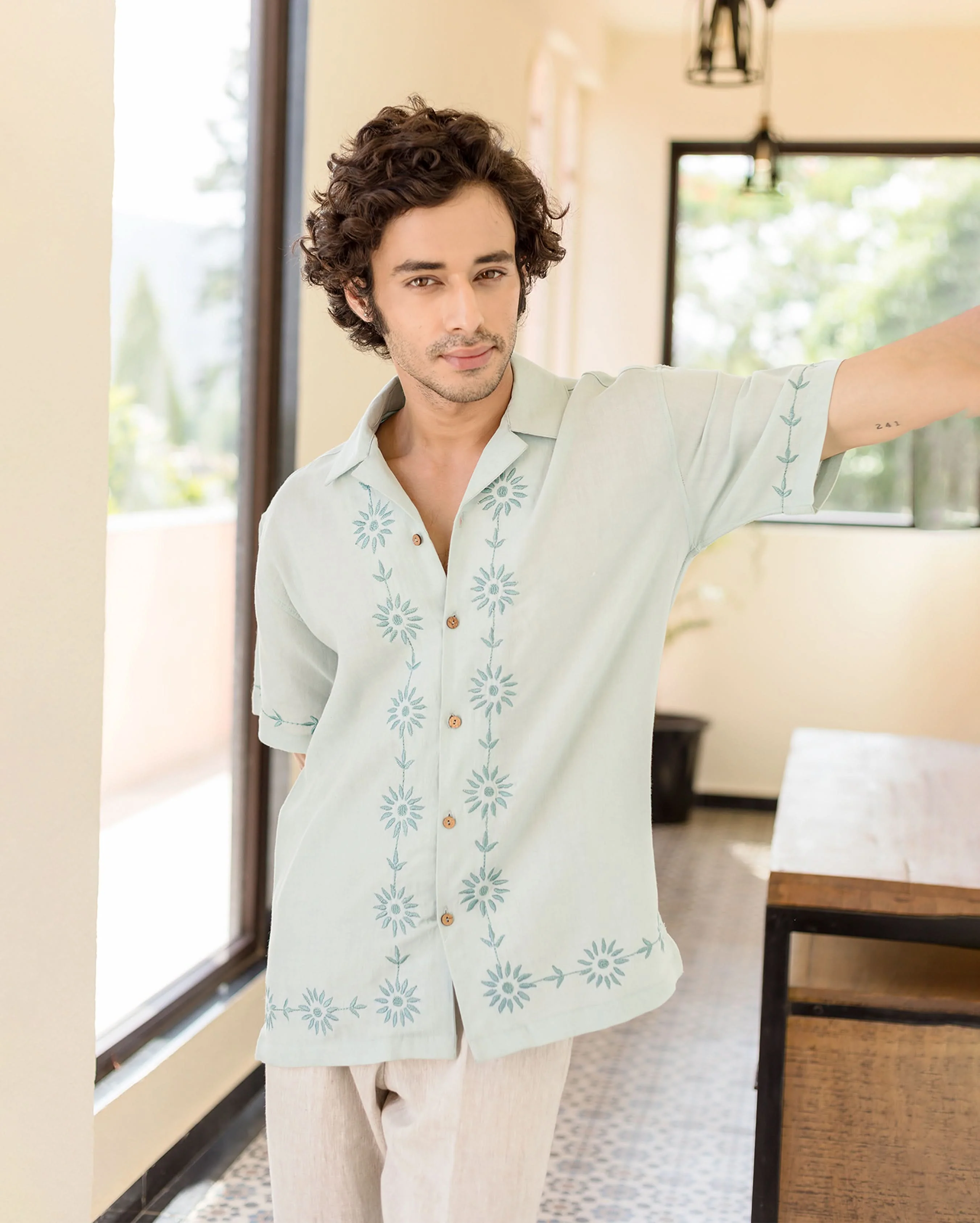 Drip Pastel Blue Embroidered Linen Shirt - Image 4