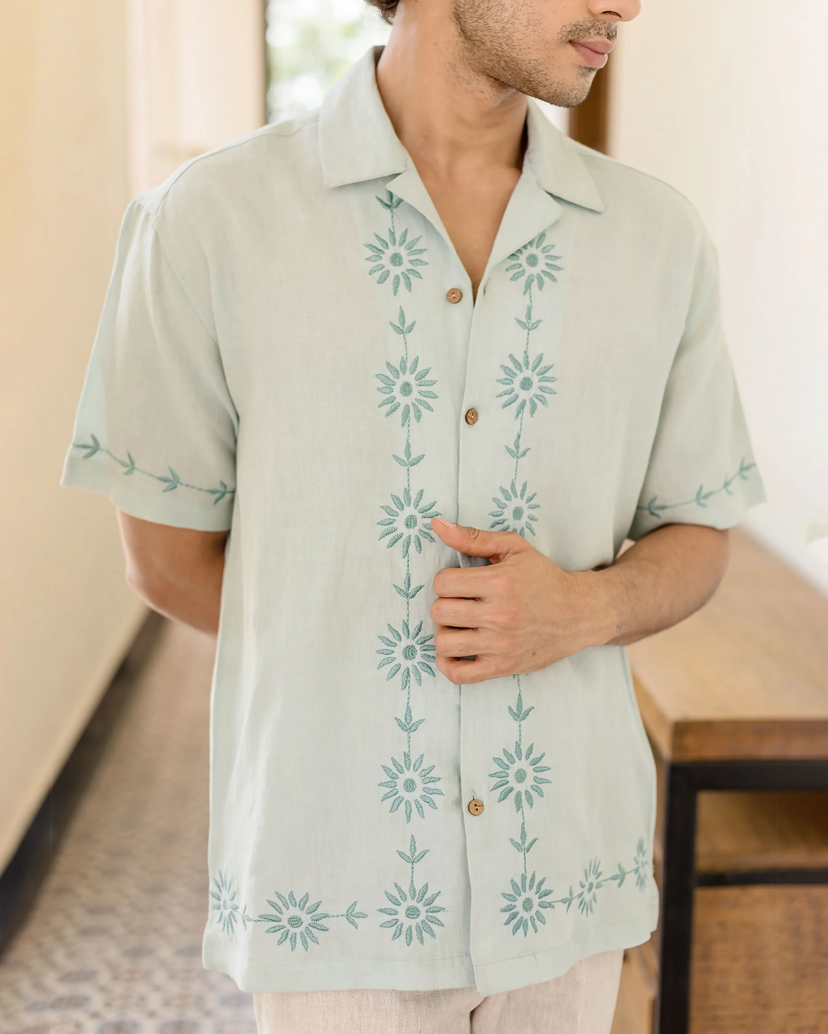 Drip Pastel Blue Embroidered Linen Shirt - Image 7