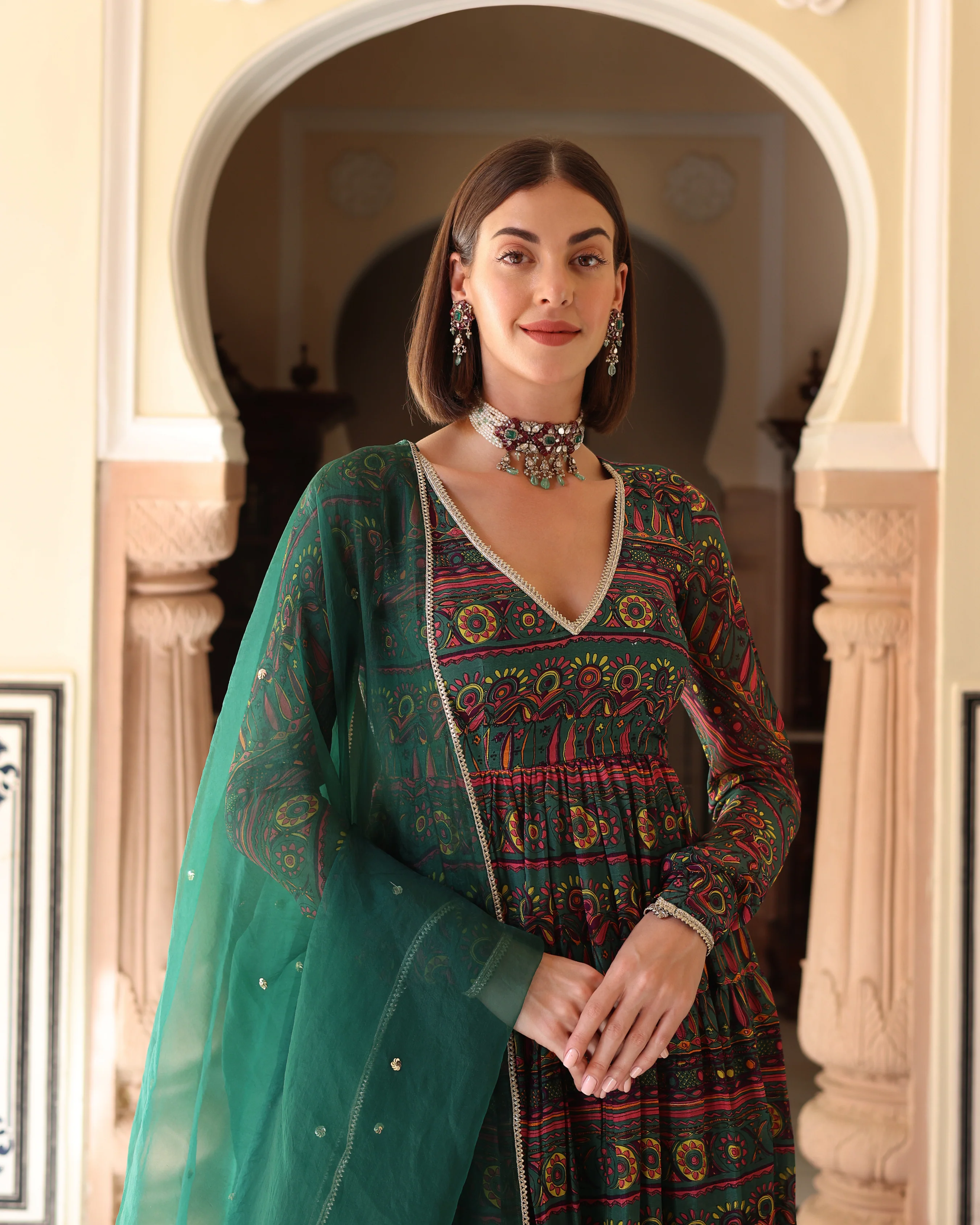 Dune Green Printed Chinon Suit Set - Image 2