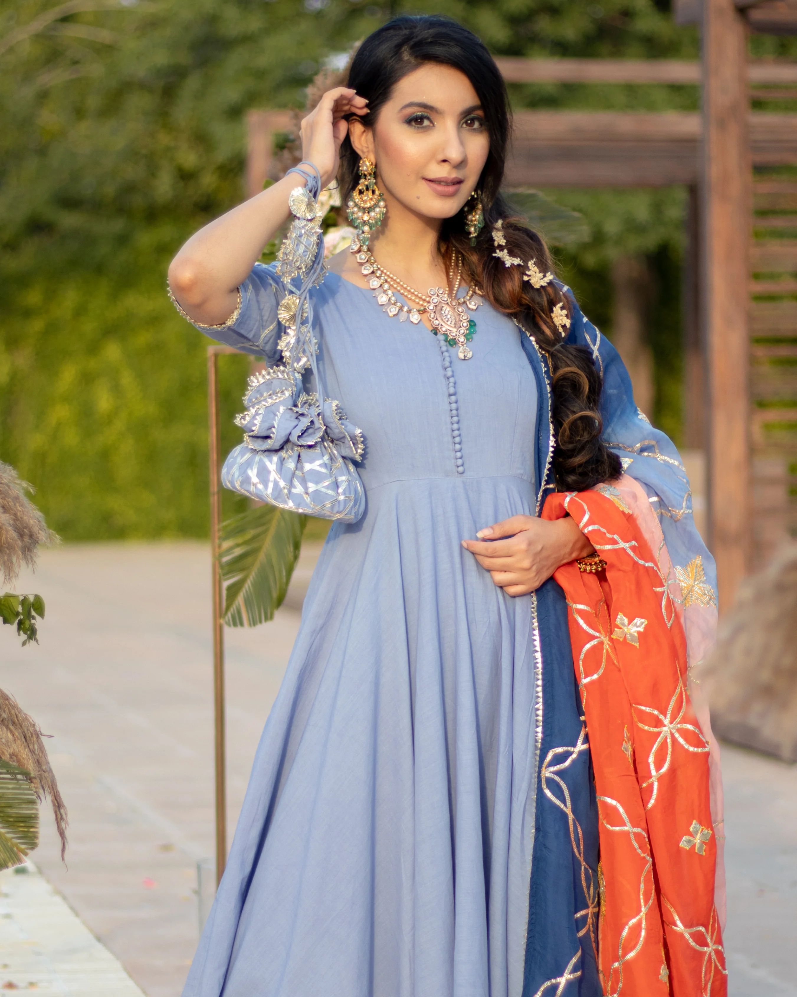 Dusty Blue Gota Suit Set With Gota Potli - Image 6