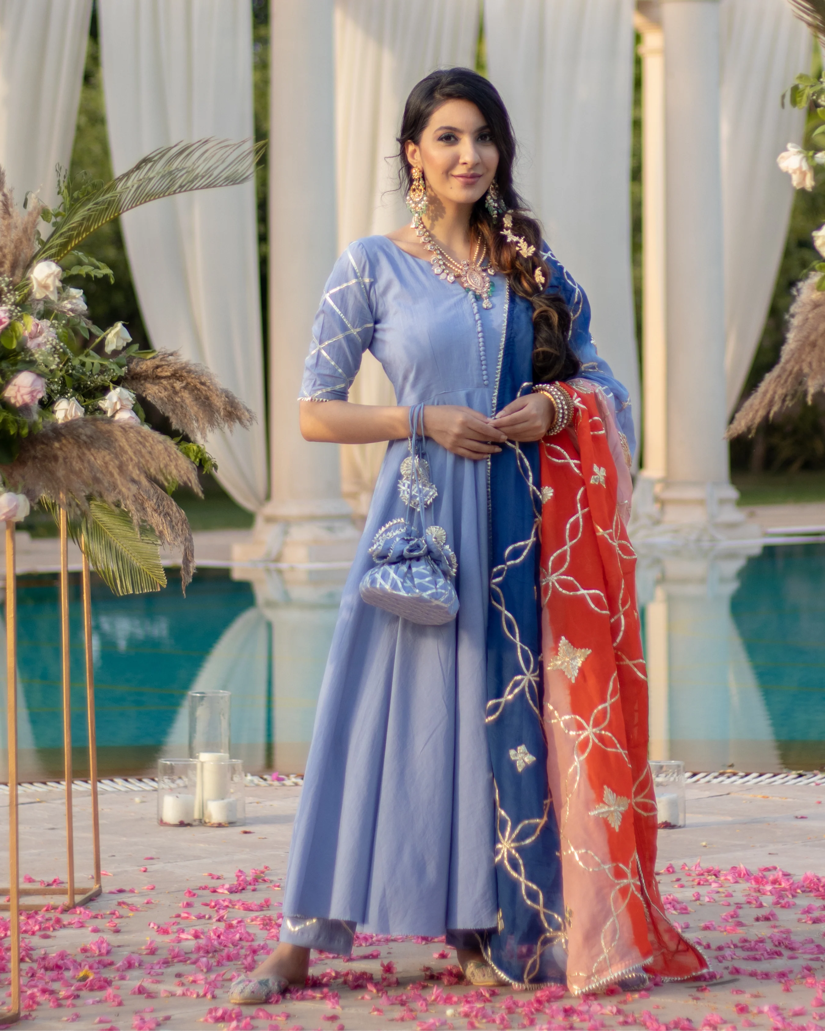 Dusty Blue Gota Suit Set With Gota Potli - Image 8