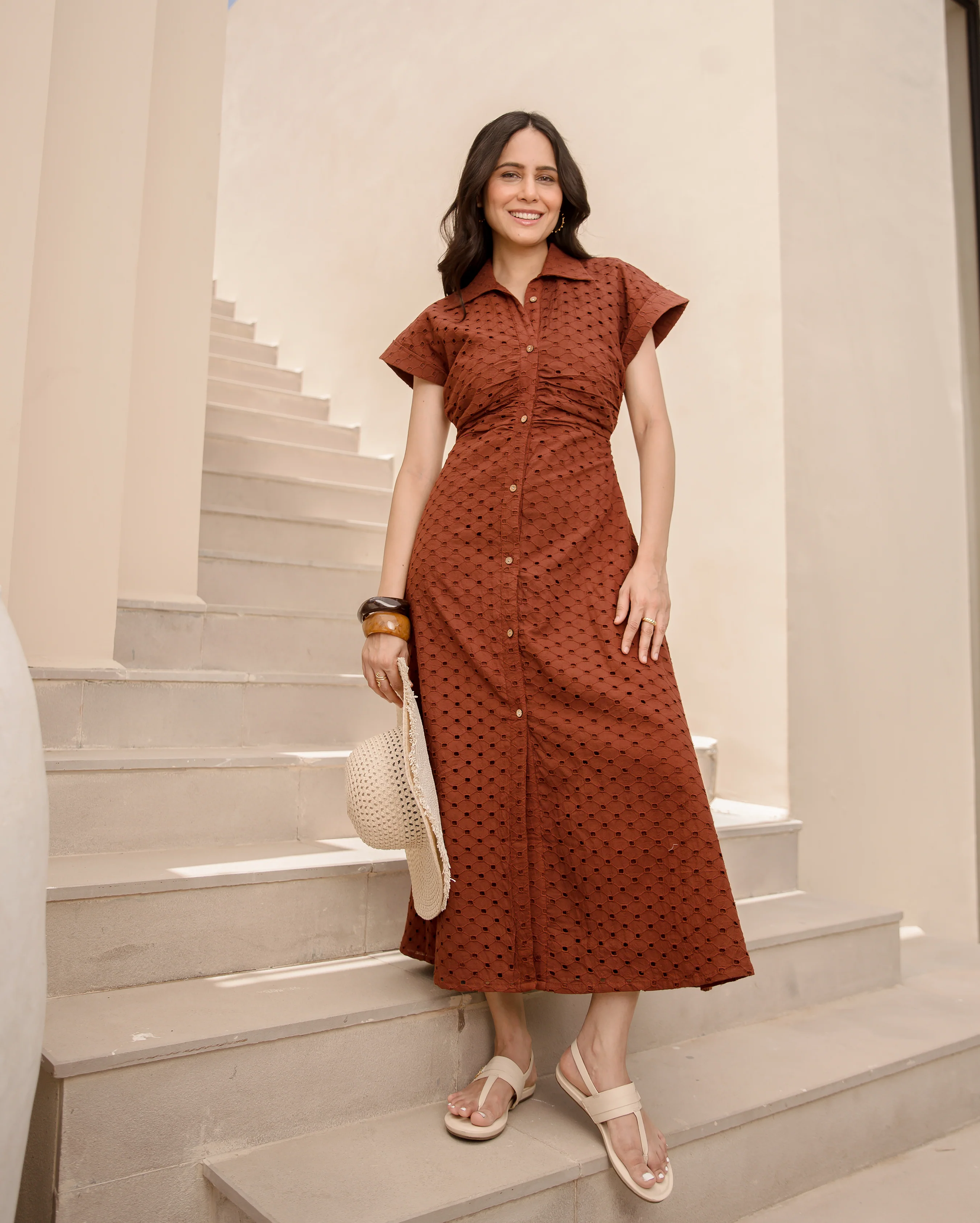 Earthy Brown Cotton Schiffli Dress - Image 3