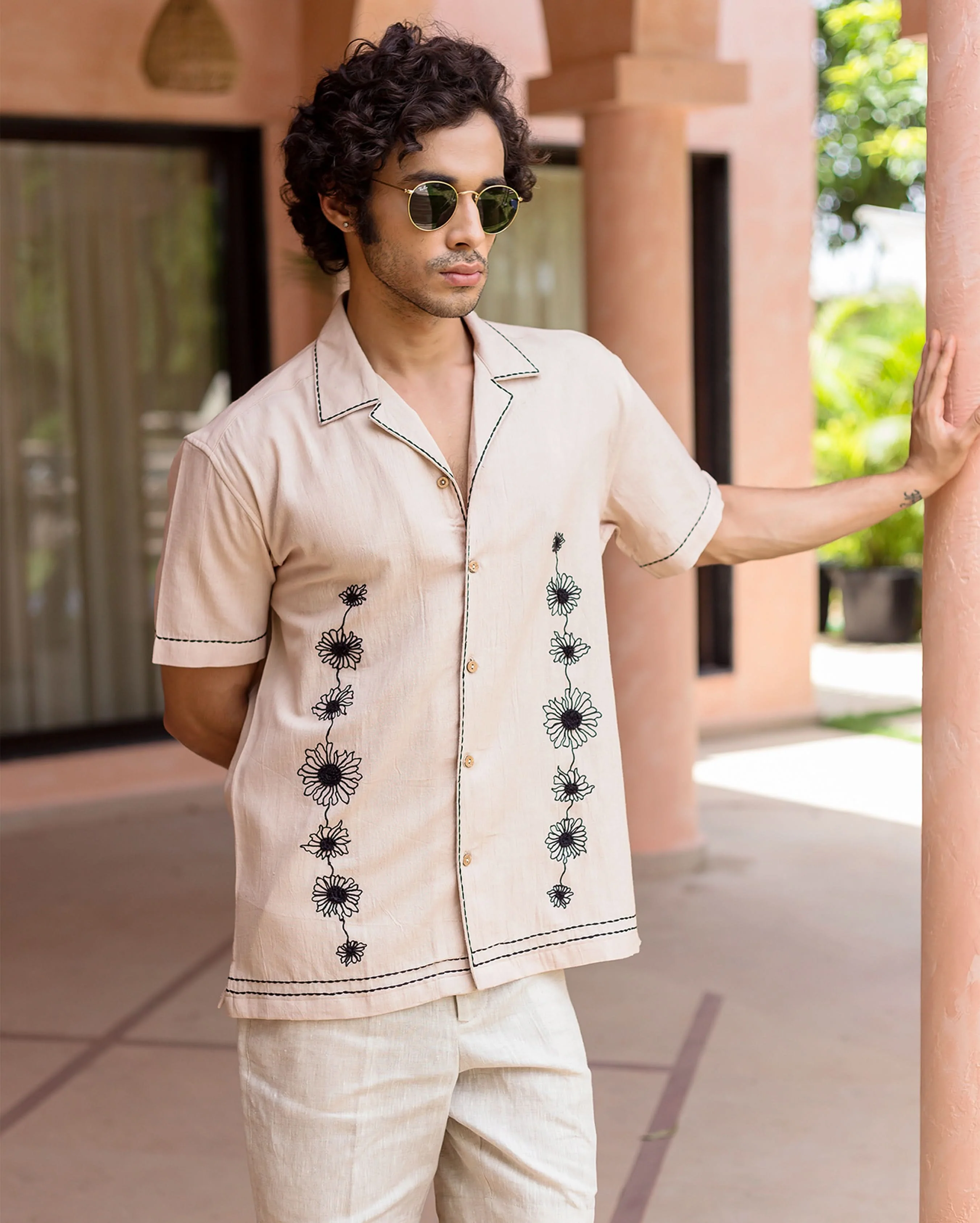 Eden Beige Embroidered Slub Shirt - Image 3
