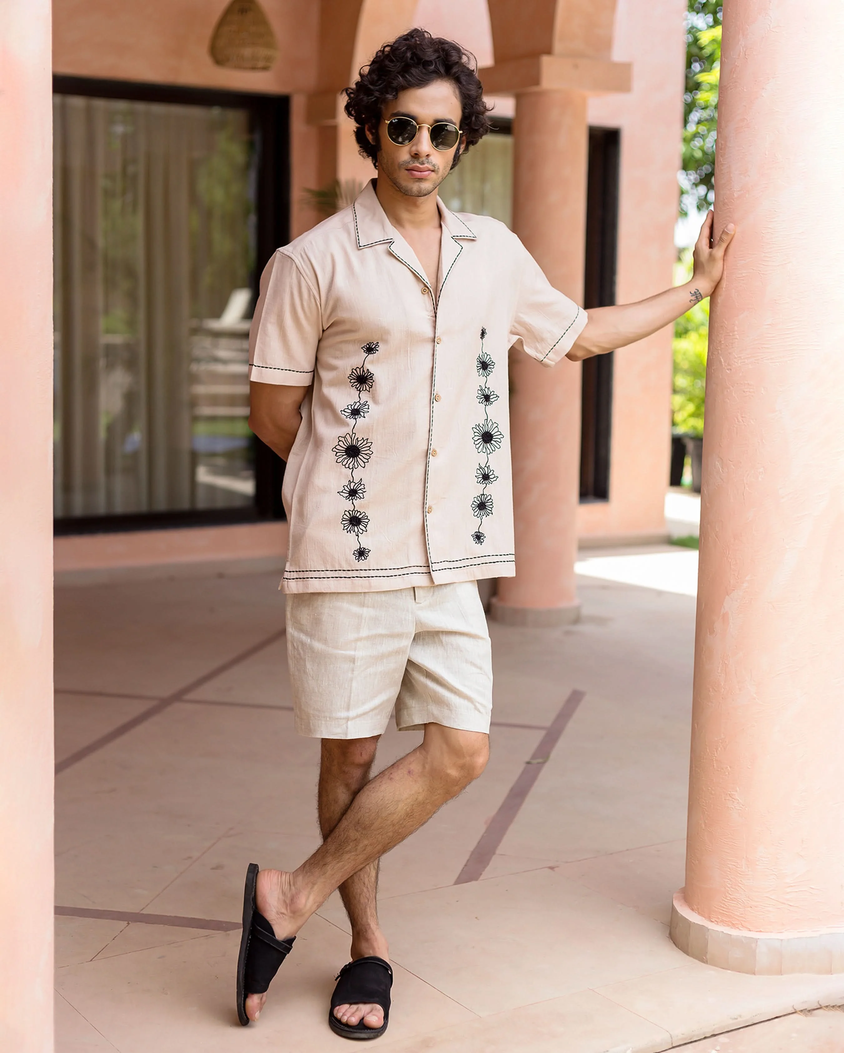 Eden Beige Embroidered Slub Shirt - Image 4