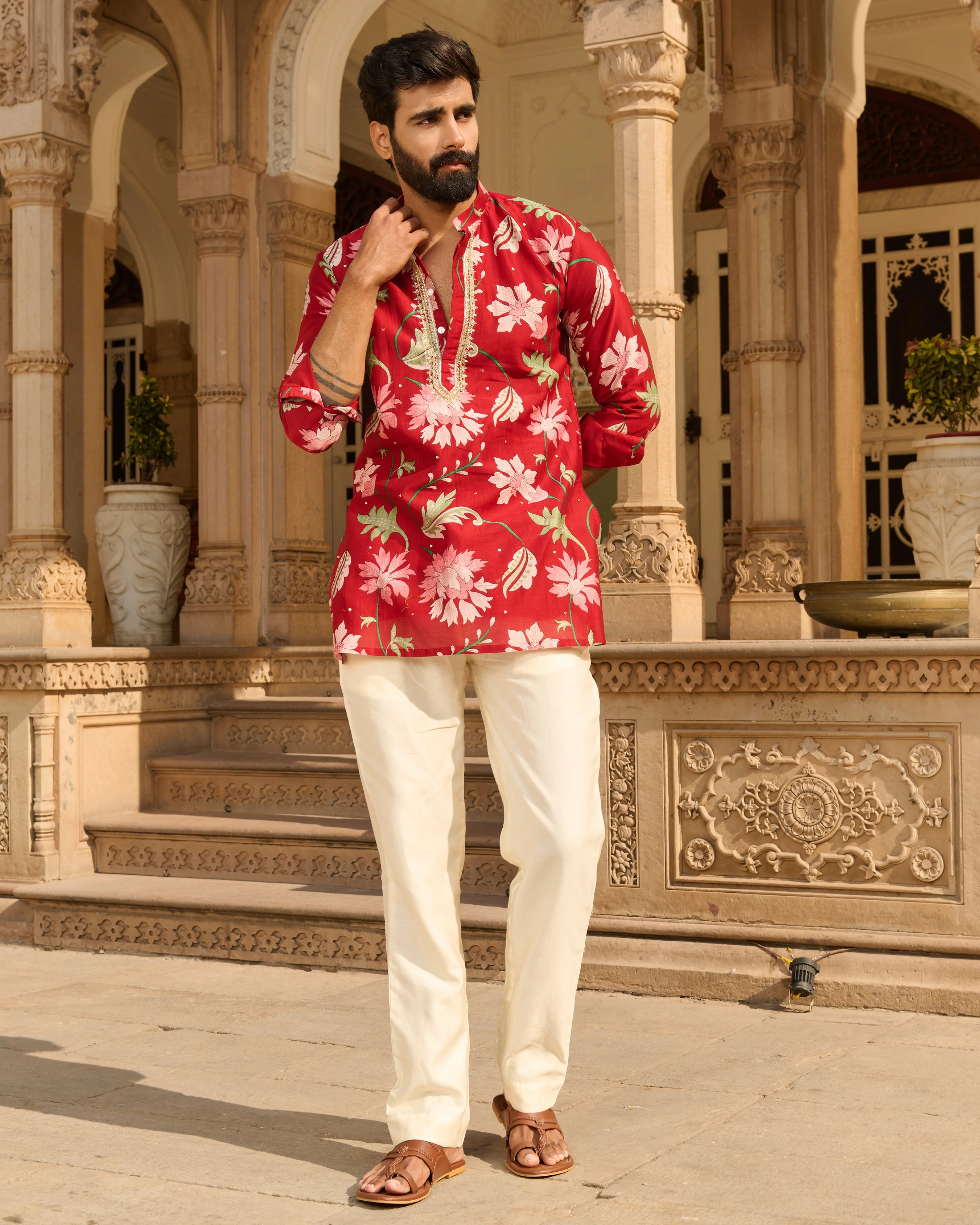 Ekam Red Printed Chanderi Kurta - Image 2