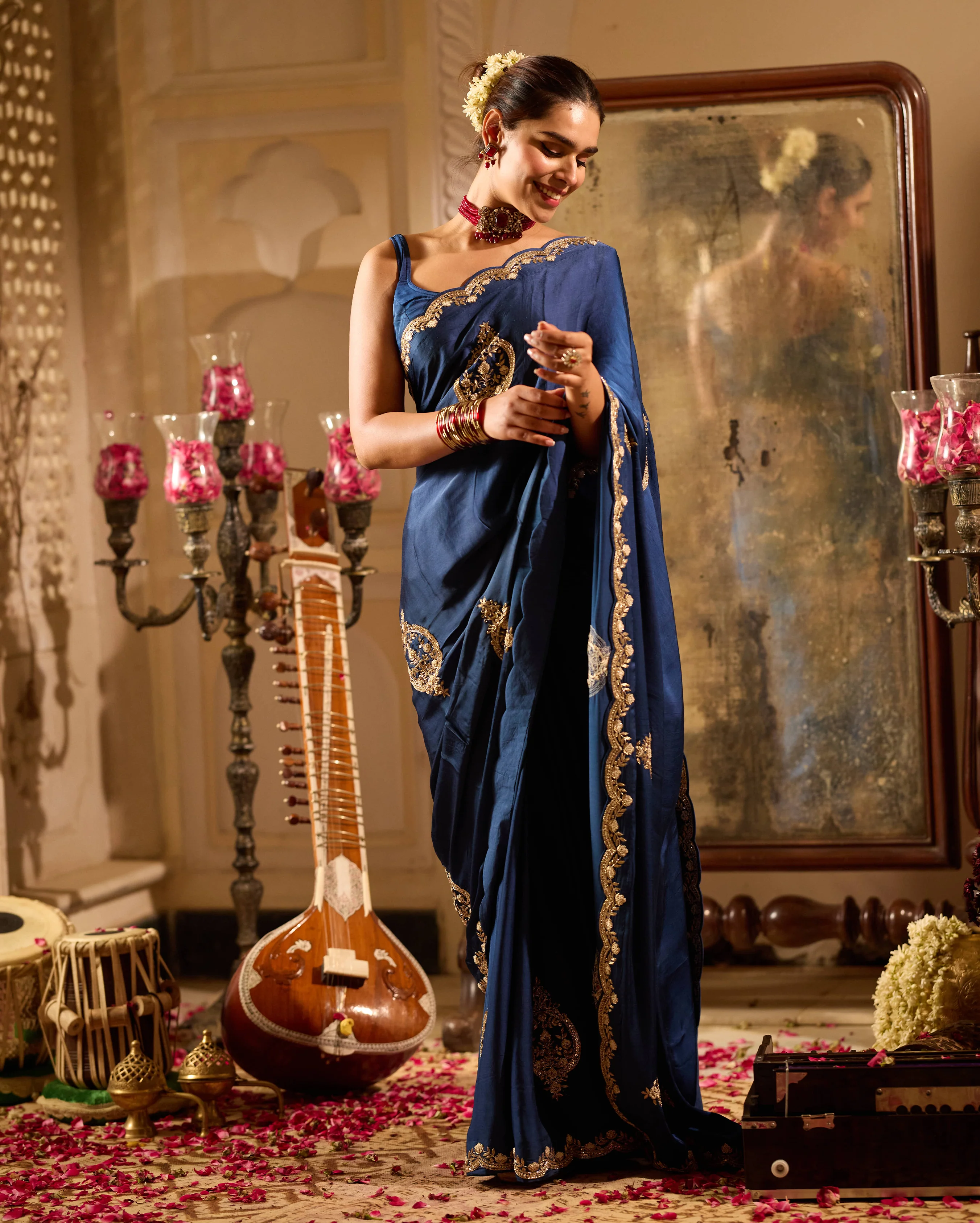 Fidaa Blue Handcrafted Satin Saree - Image 3