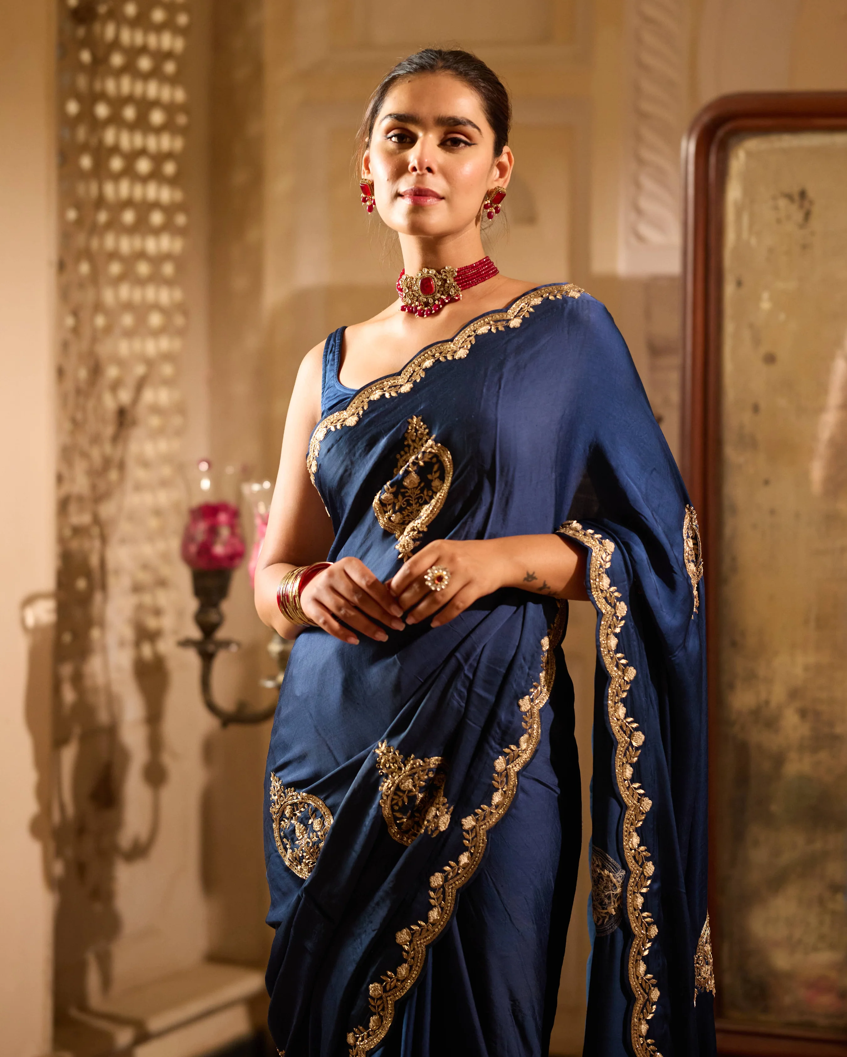 Fidaa Blue Handcrafted Satin Saree - Image 4