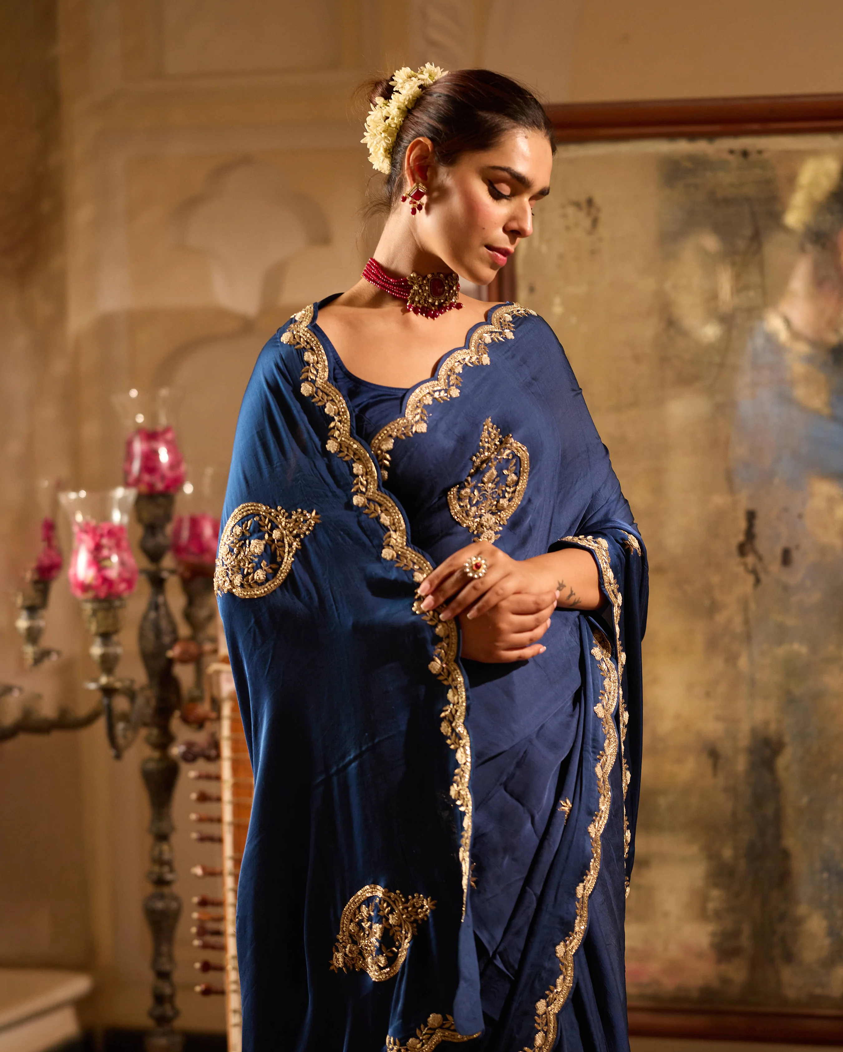 Fidaa Blue Handcrafted Satin Saree - Image 5