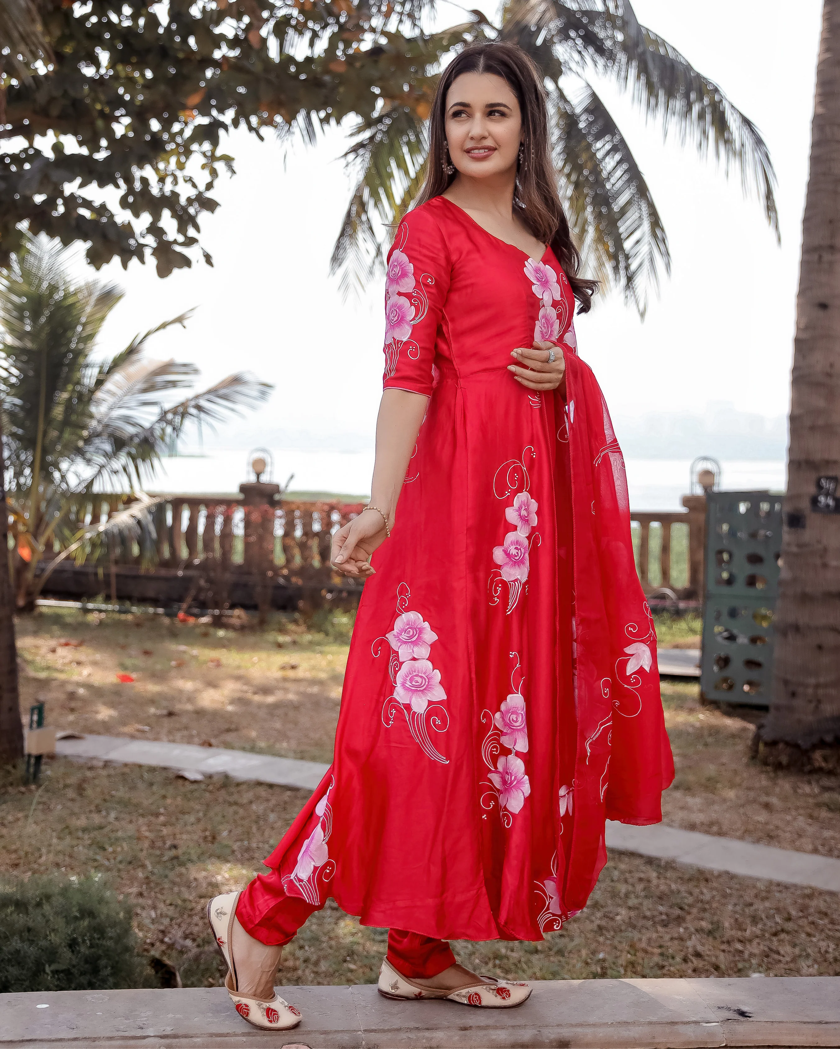 Flamingo Red Handpainted Suit Set - Image 3