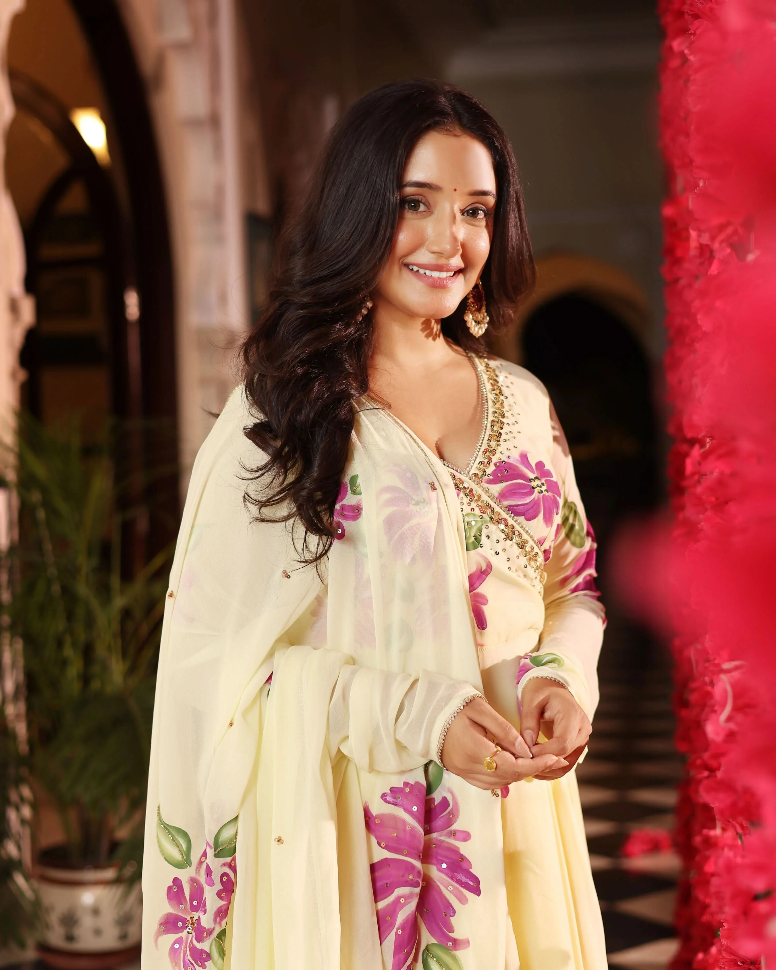 Floral Cream Dream Handpainted Georgette Suit Set - Image 8