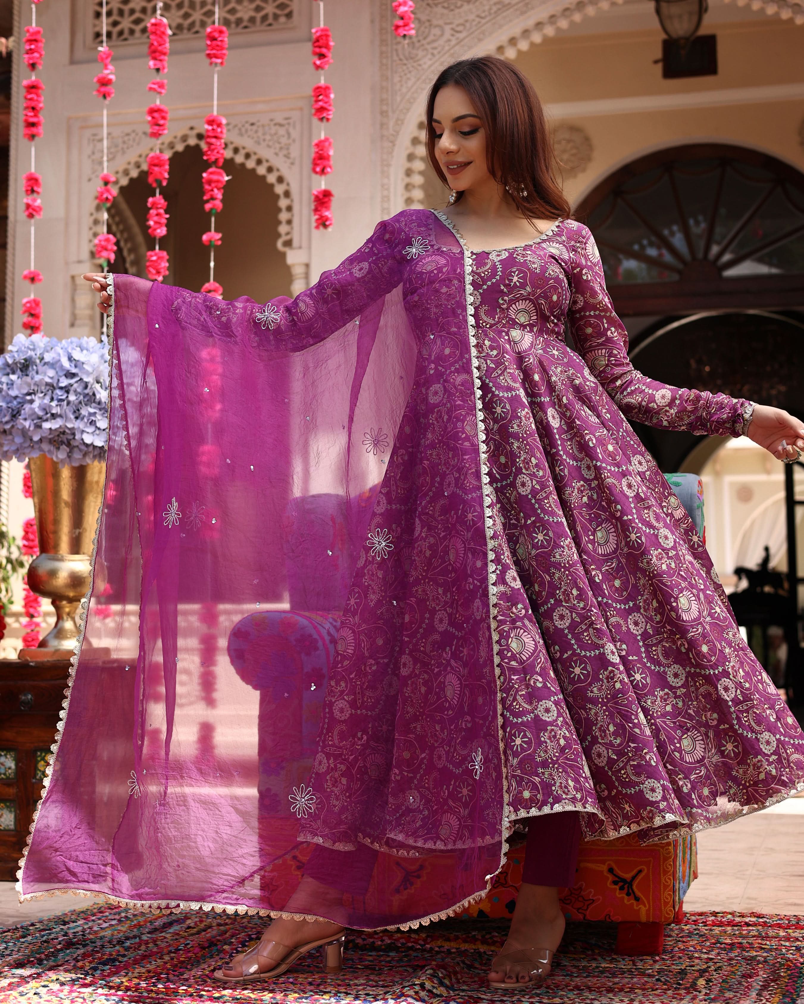 Floral Lavender Hues Printed Chanderi Suit Set - Image 3