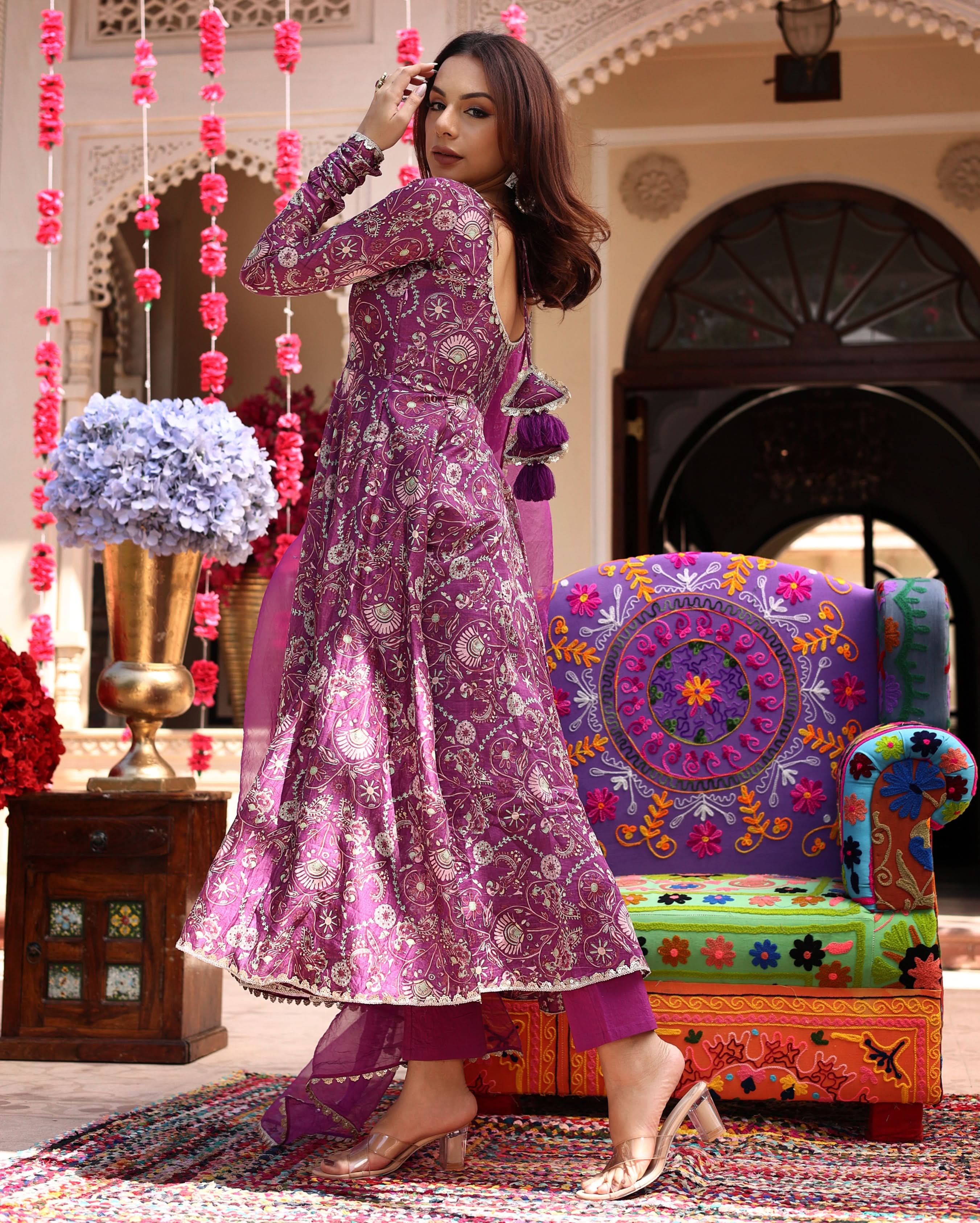 Floral Lavender Hues Printed Chanderi Suit Set - Image 4