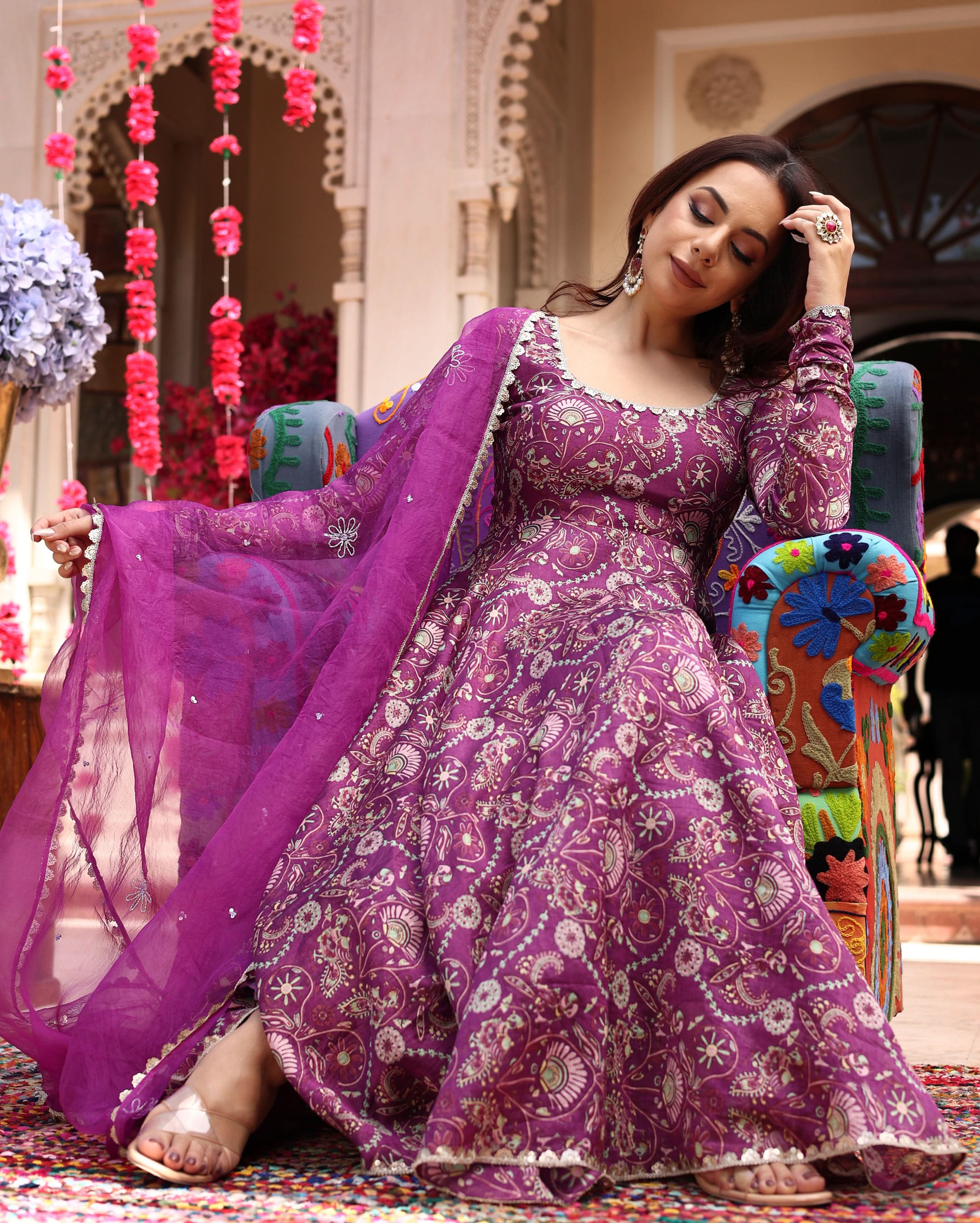 Floral Lavender Hues Printed Chanderi Suit Set - Image 6