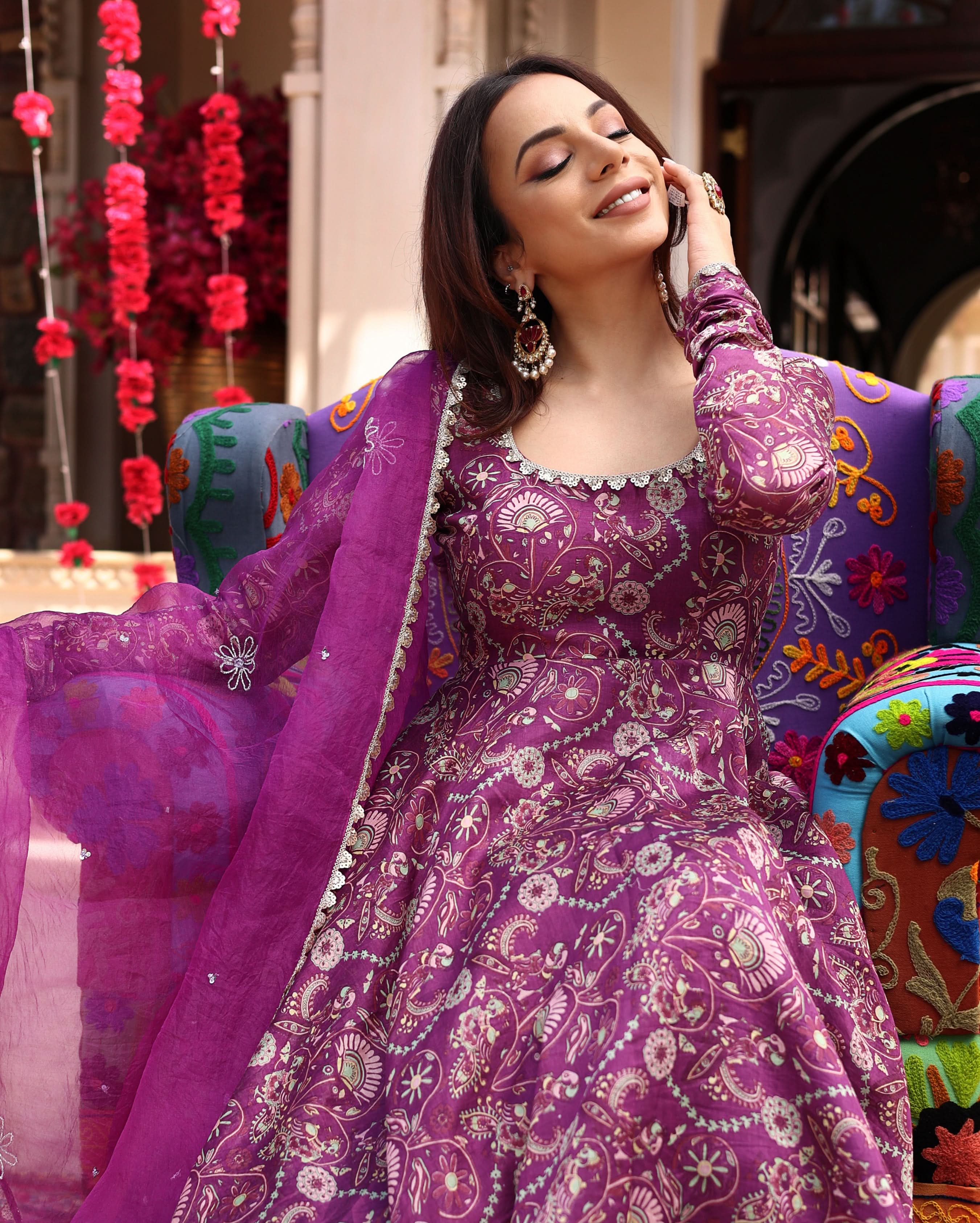 Floral Lavender Hues Printed Chanderi Suit Set - Image 7
