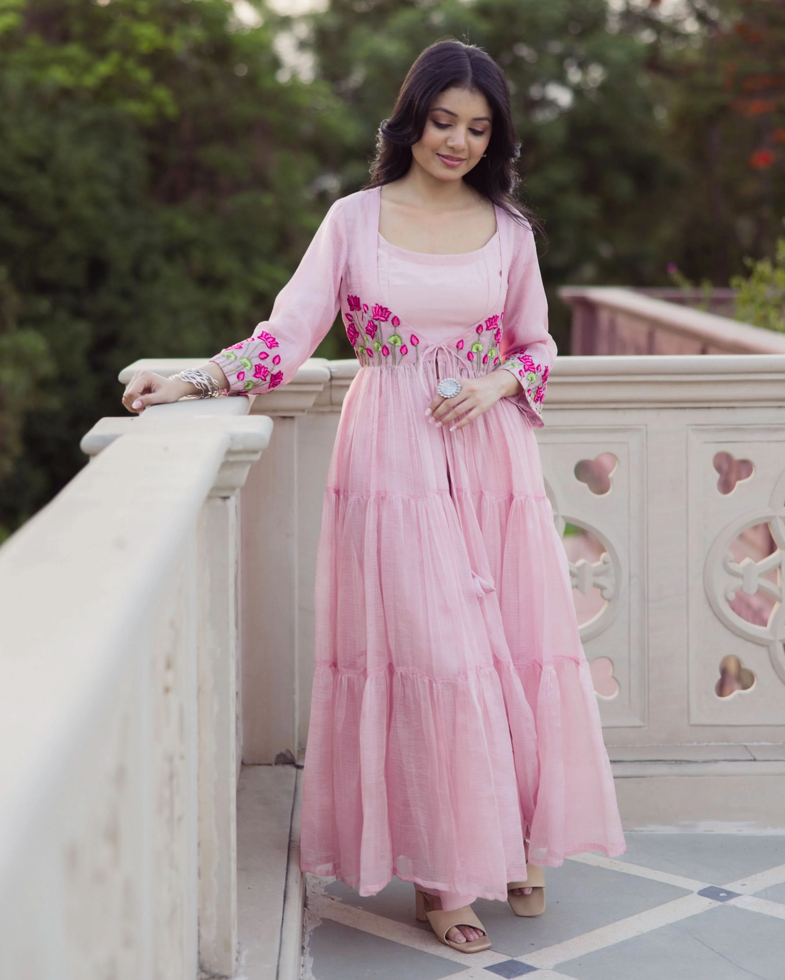 Flowy Pink Embroidered Doria Coord Set - Image 2