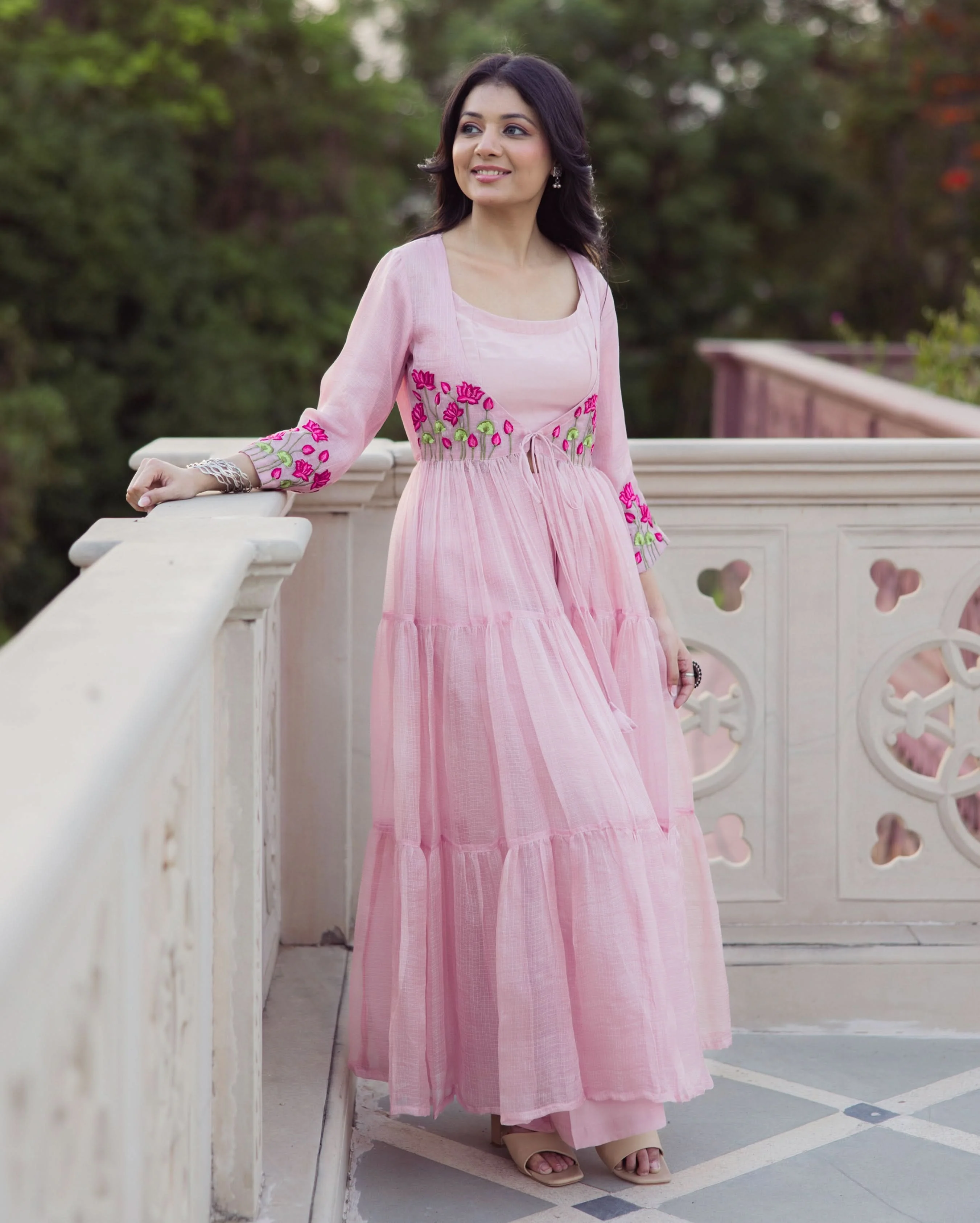 Flowy Pink Embroidered Doria Coord Set - Image 3