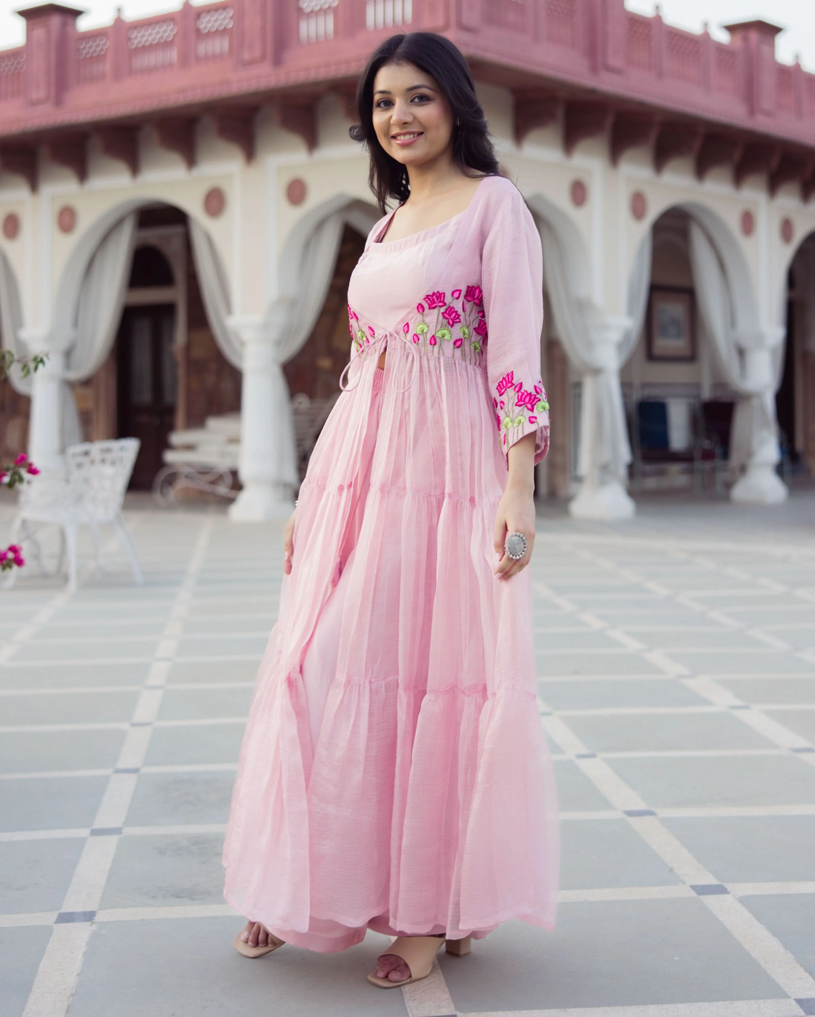 Flowy Pink Embroidered Doria Coord Set - Image 4