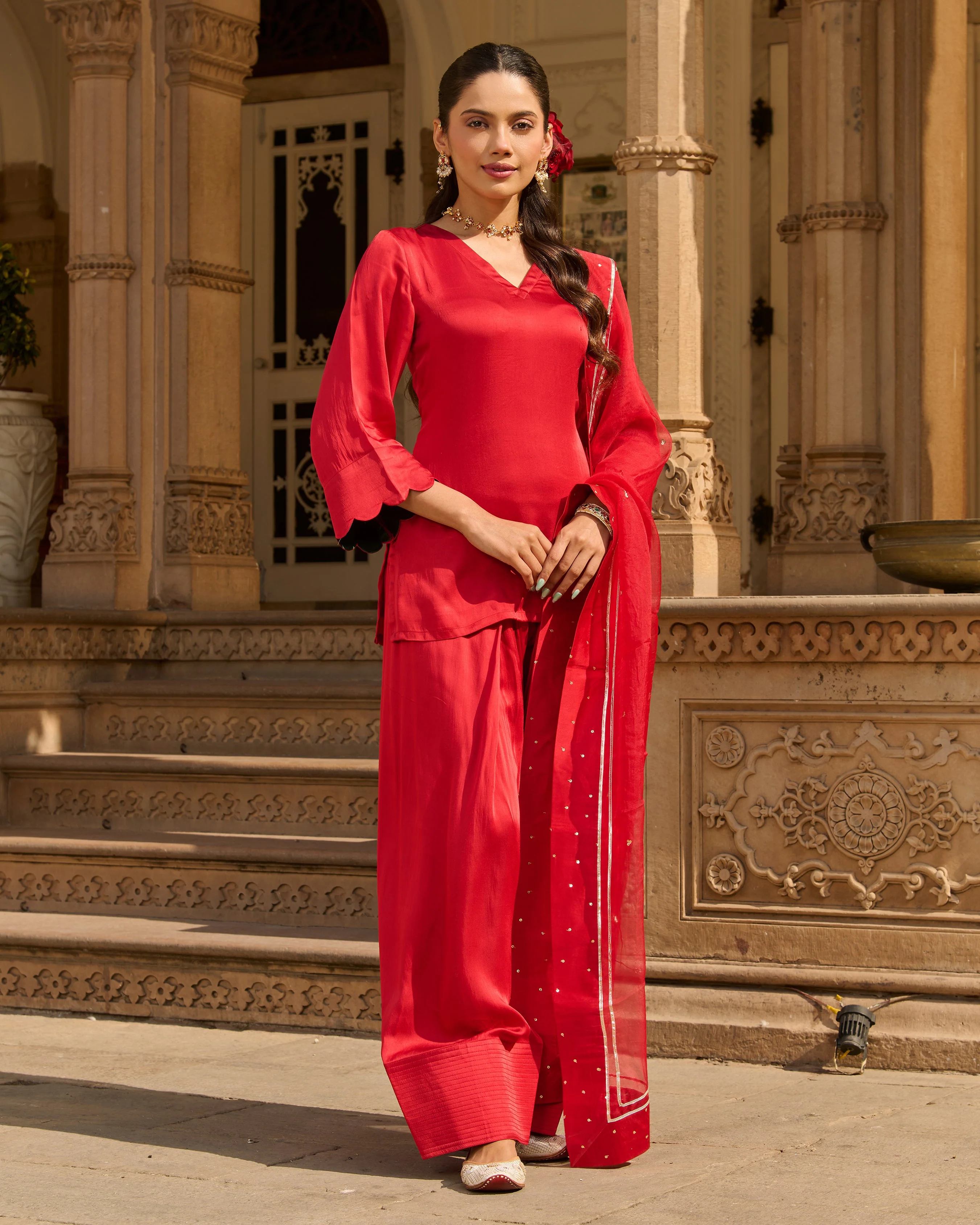 Flux Red Solid Satin Farsi Salwar Set - Image 4