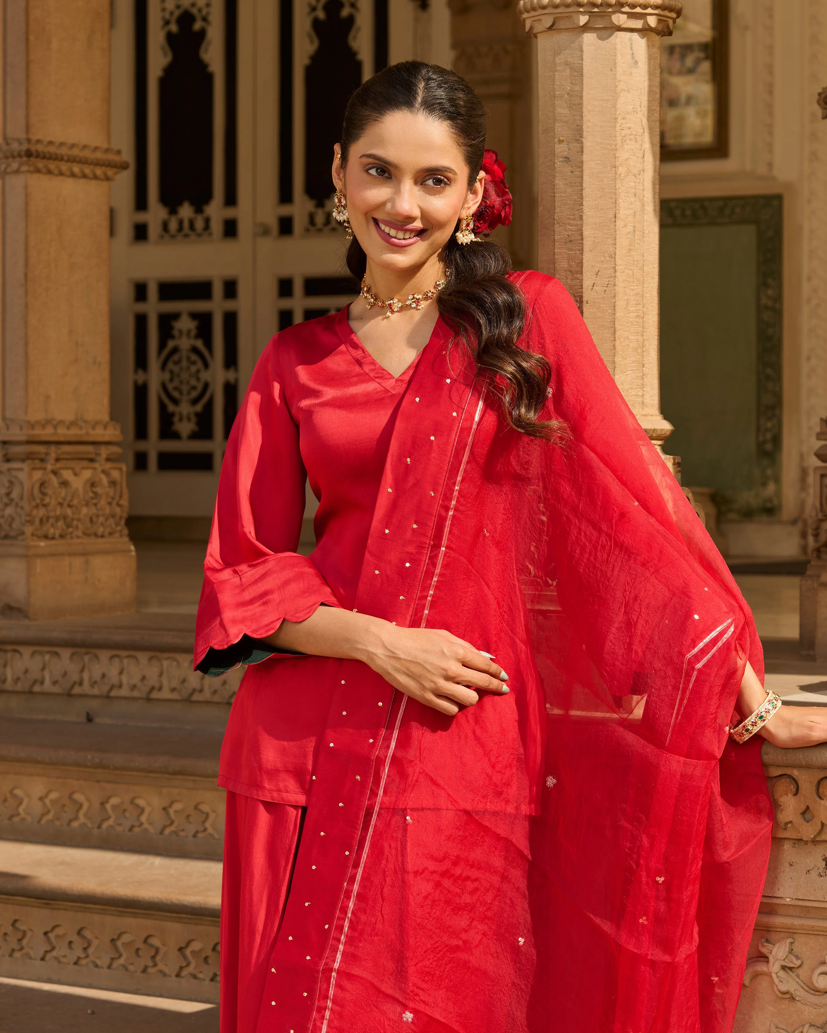 Flux Red Solid Satin Farsi Salwar Set - Image 5