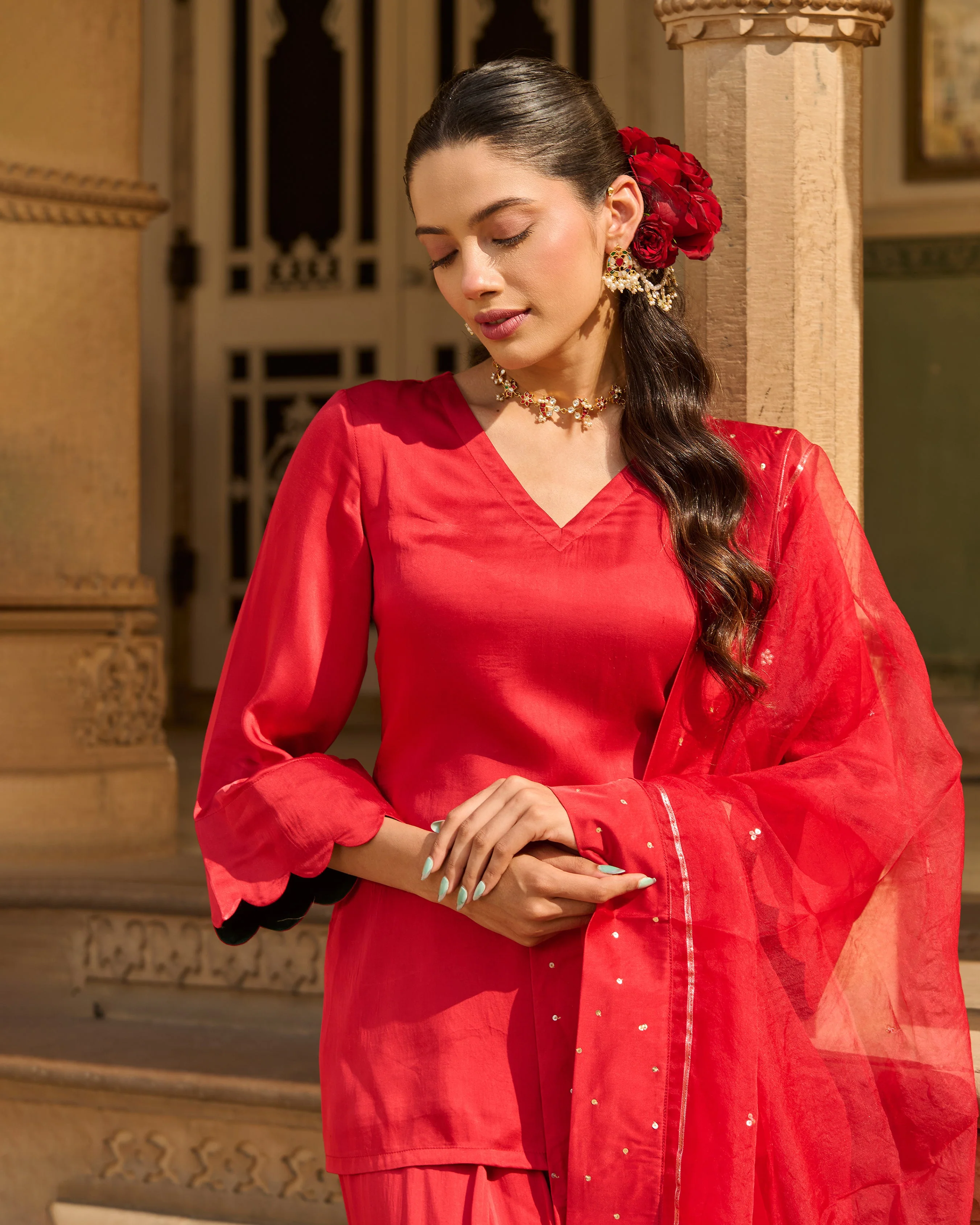 Flux Red Solid Satin Farsi Salwar Set - Image 7