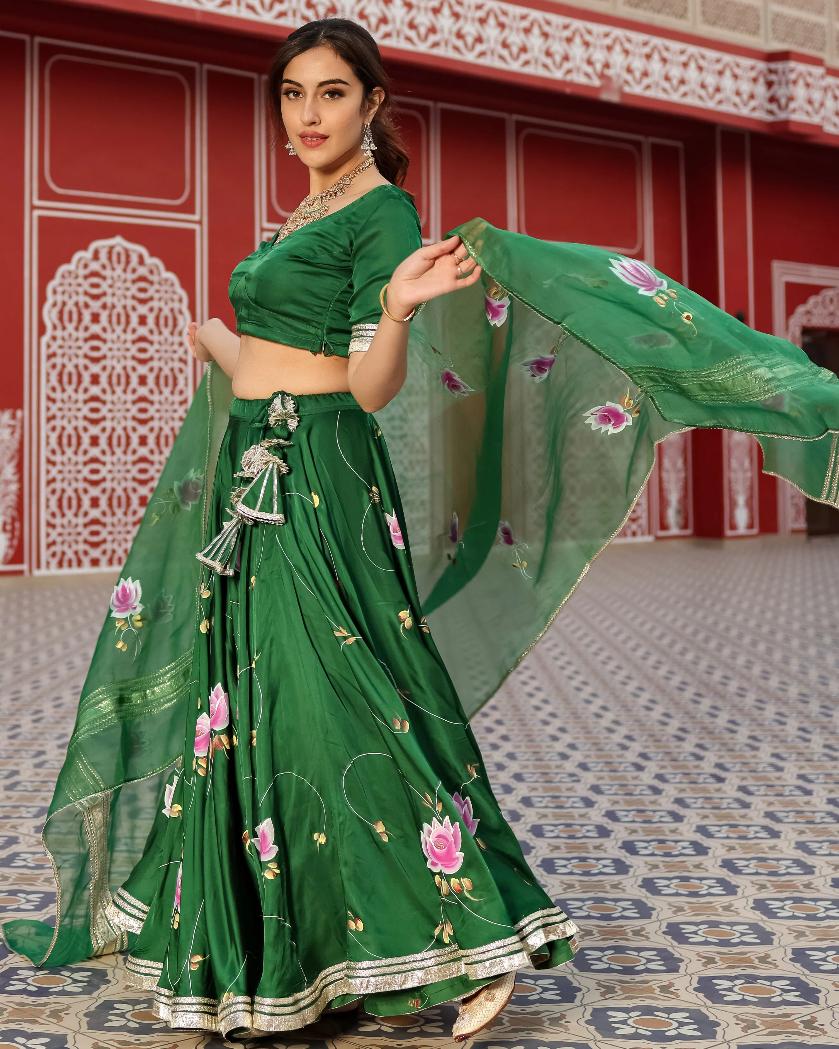 Formal Green Handpainted Lehenga Set - Image 6