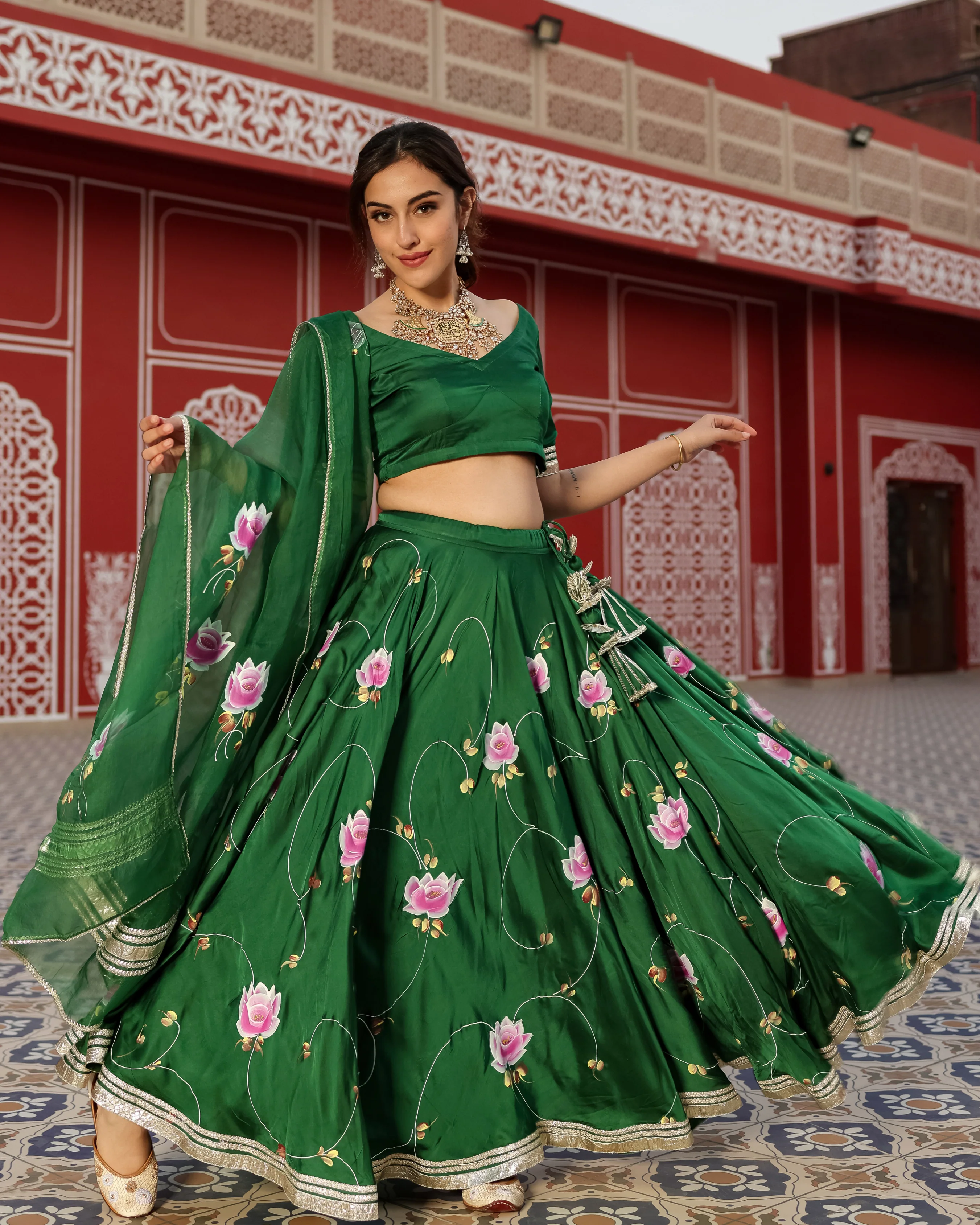 Formal Green Handpainted Lehenga Set - Image 8