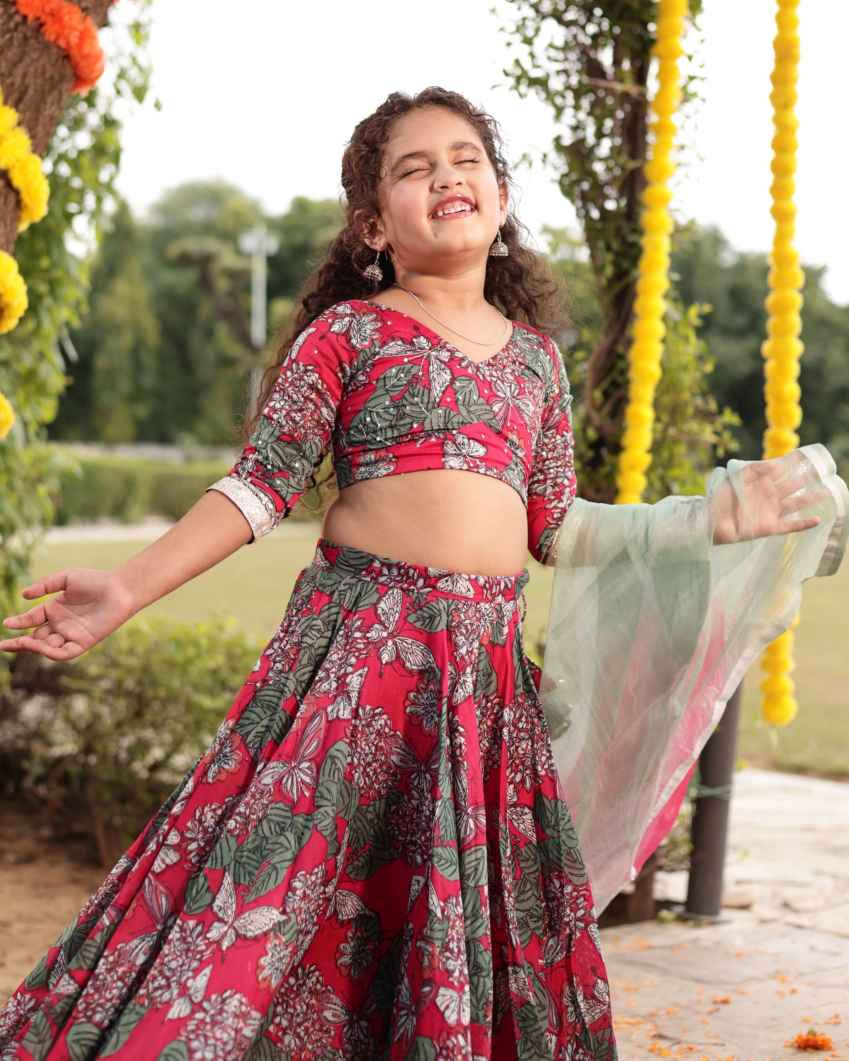 Frolic Red Printed Chanderi Lehenga Set - Image 3
