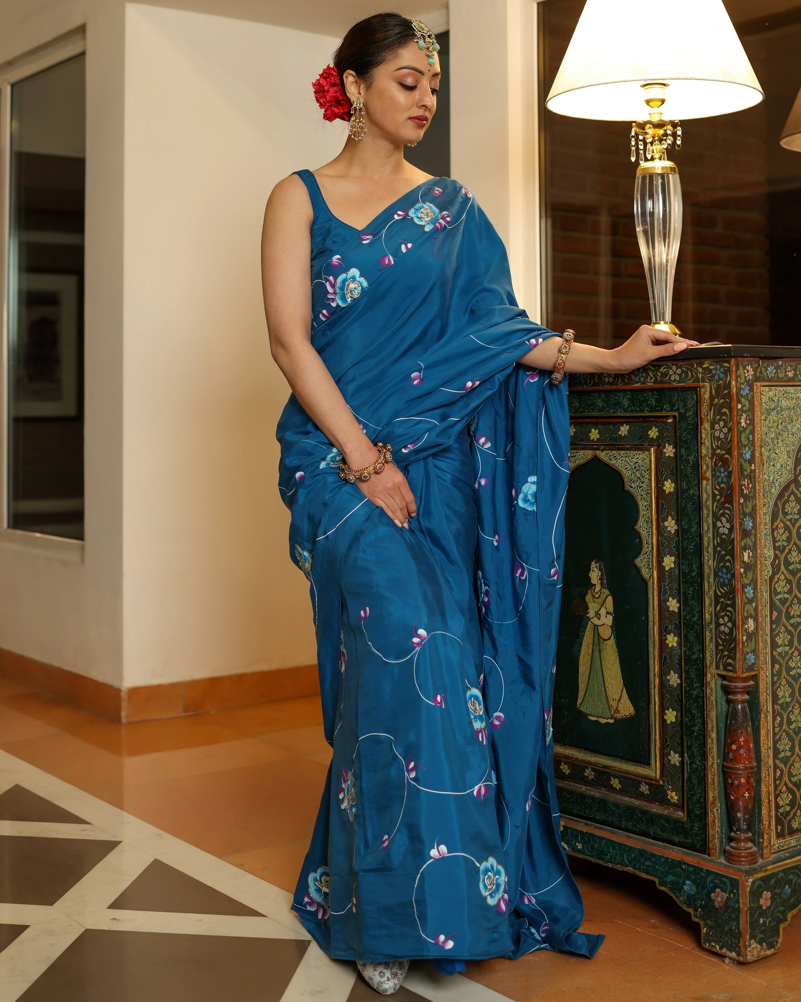 Galaxy Blue Handpainted Silk Saree - Image 3