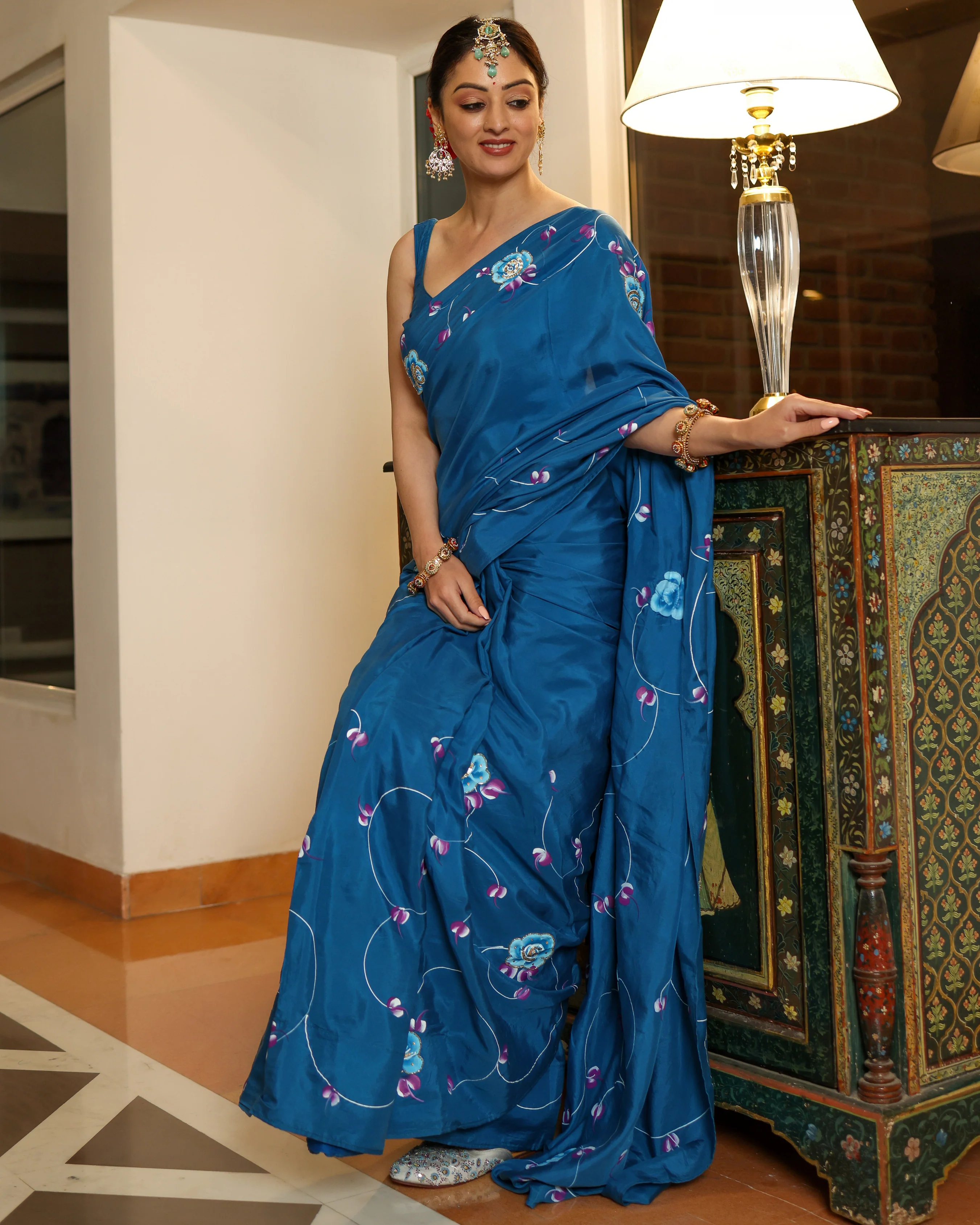Galaxy Blue Handpainted Silk Saree - Image 5