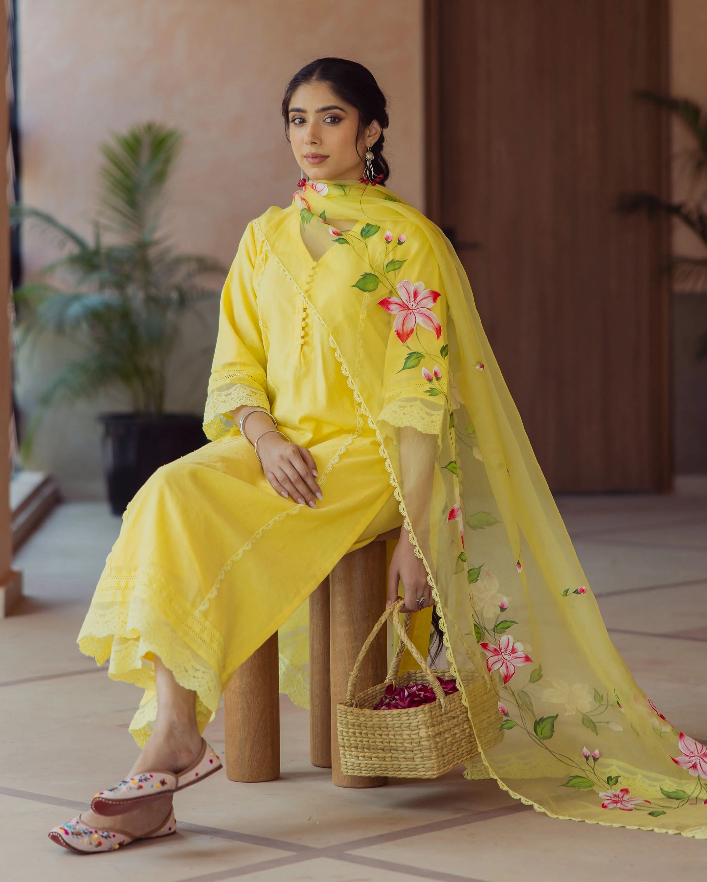 Garden Yellow Handpainted Chanderi Suit Set - Image 3