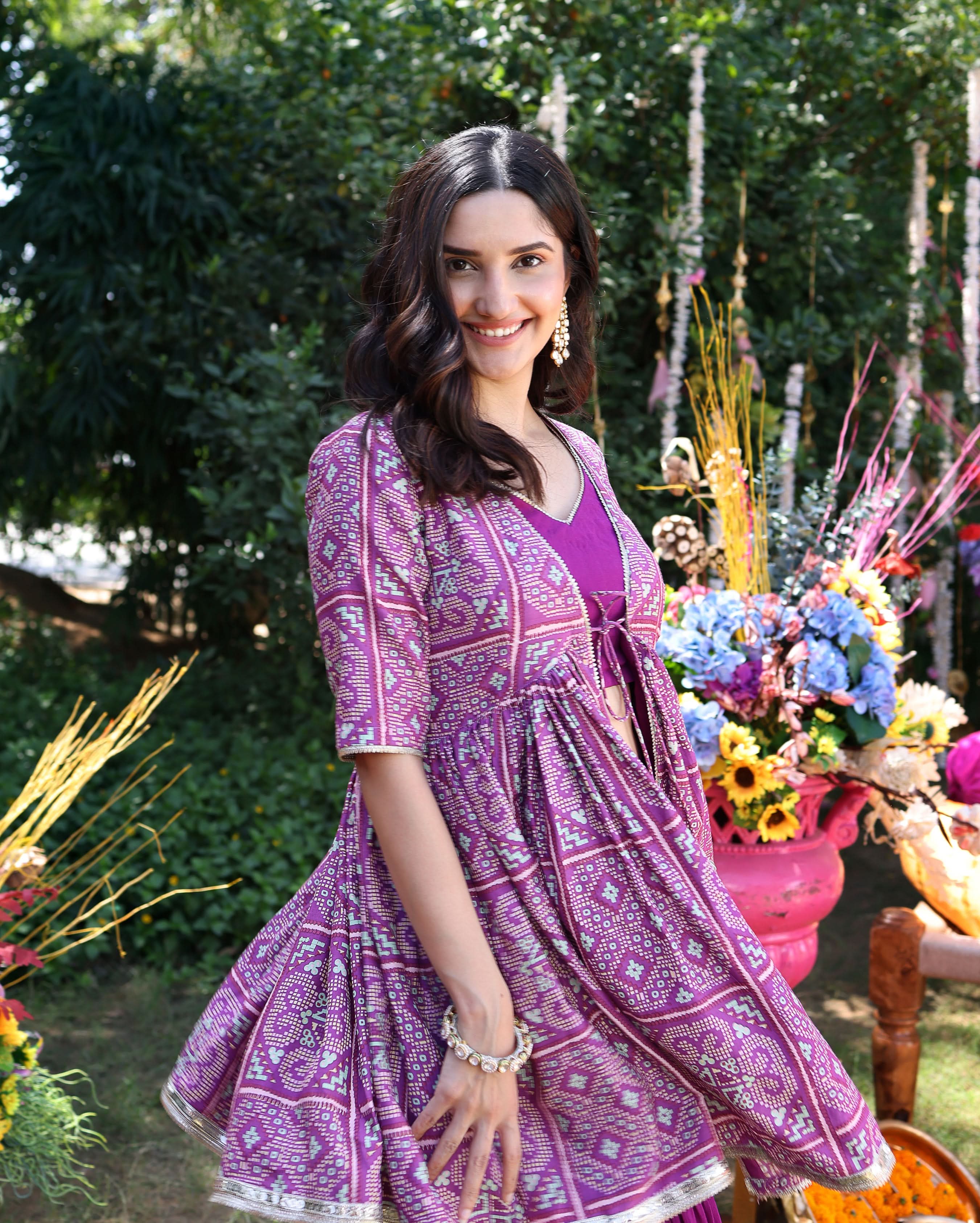 Geometric Purple Elegance Printed Satin Sharara Set - Image 4