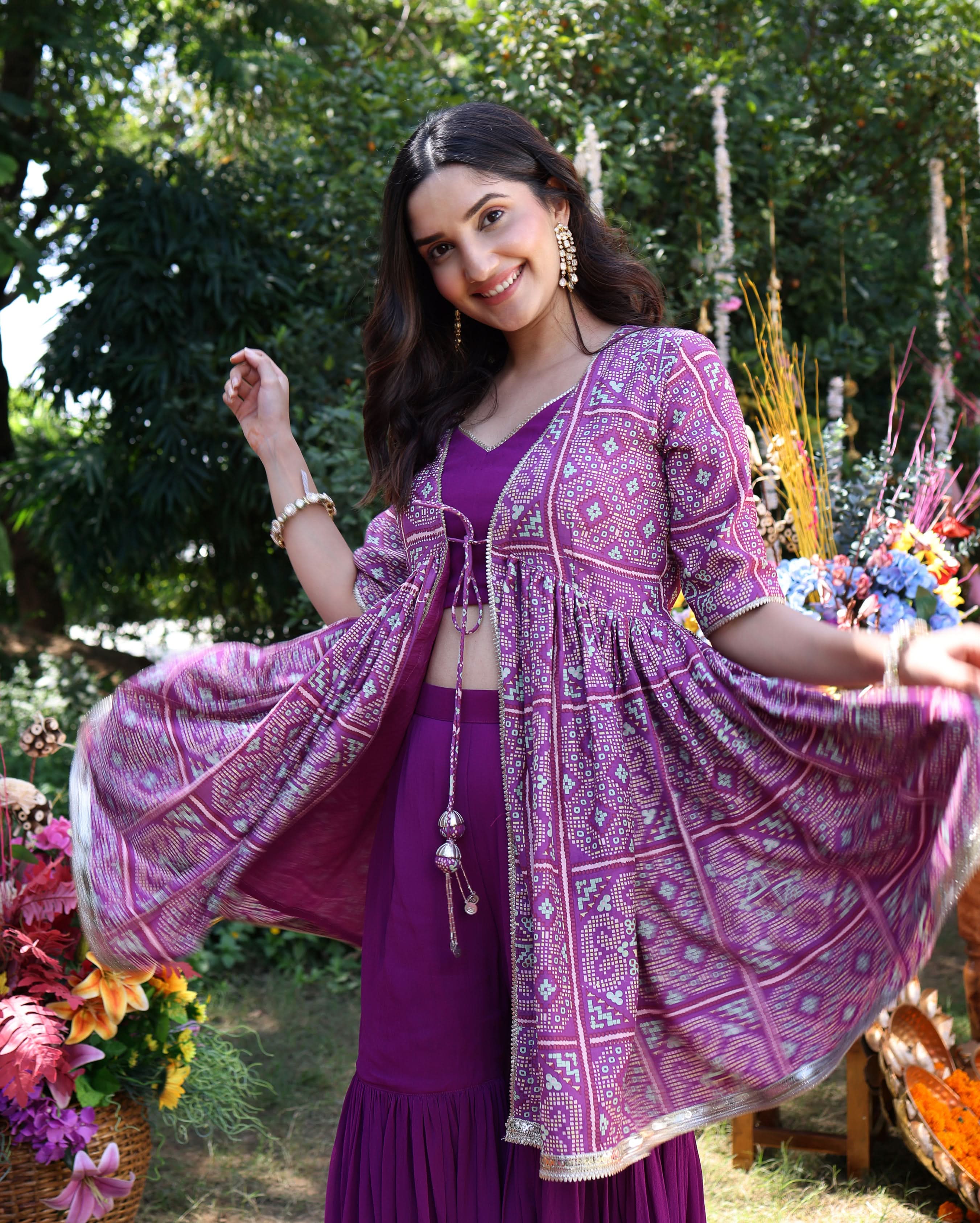Geometric Purple Elegance Printed Satin Sharara Set - Image 6