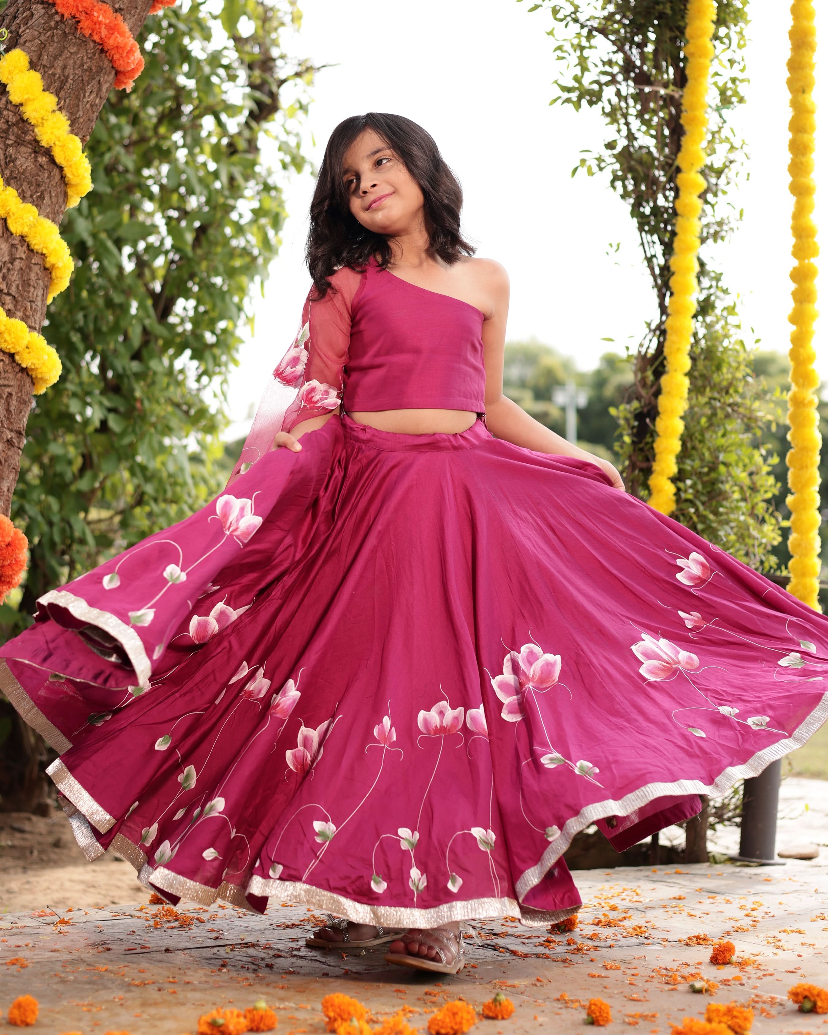 Giggle Magenta Handpainted Chanderi Lehenga Set - Image 2
