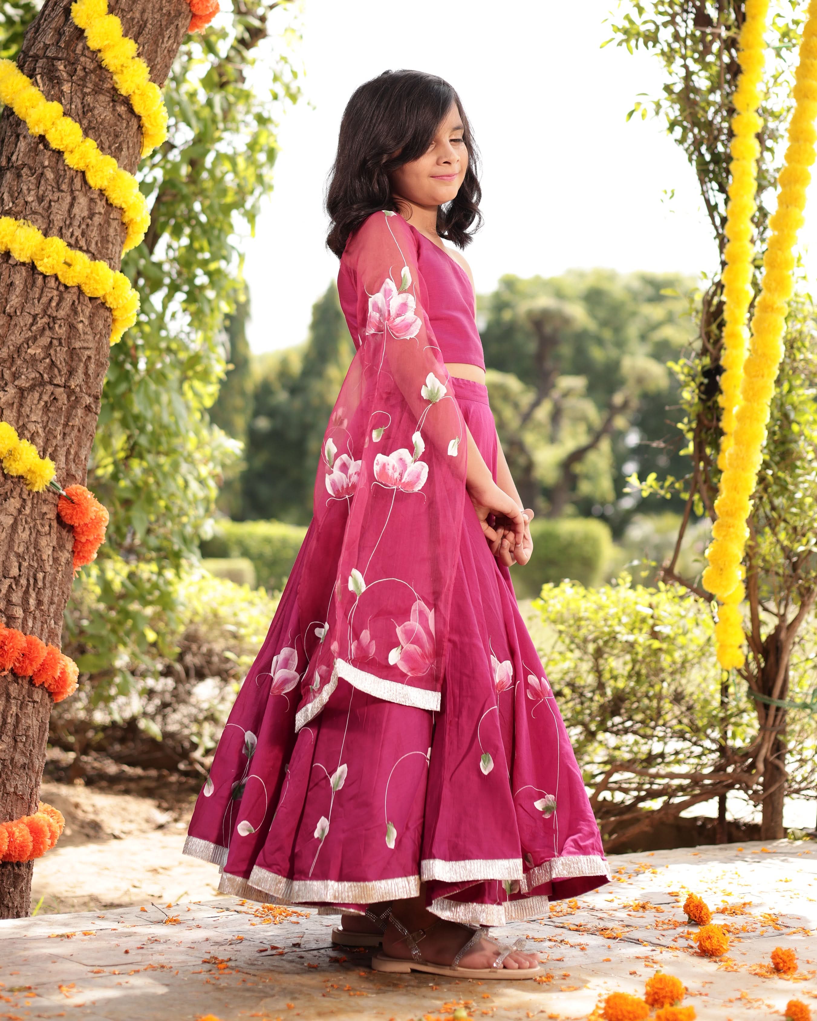 Giggle Magenta Handpainted Chanderi Lehenga Set - Image 4