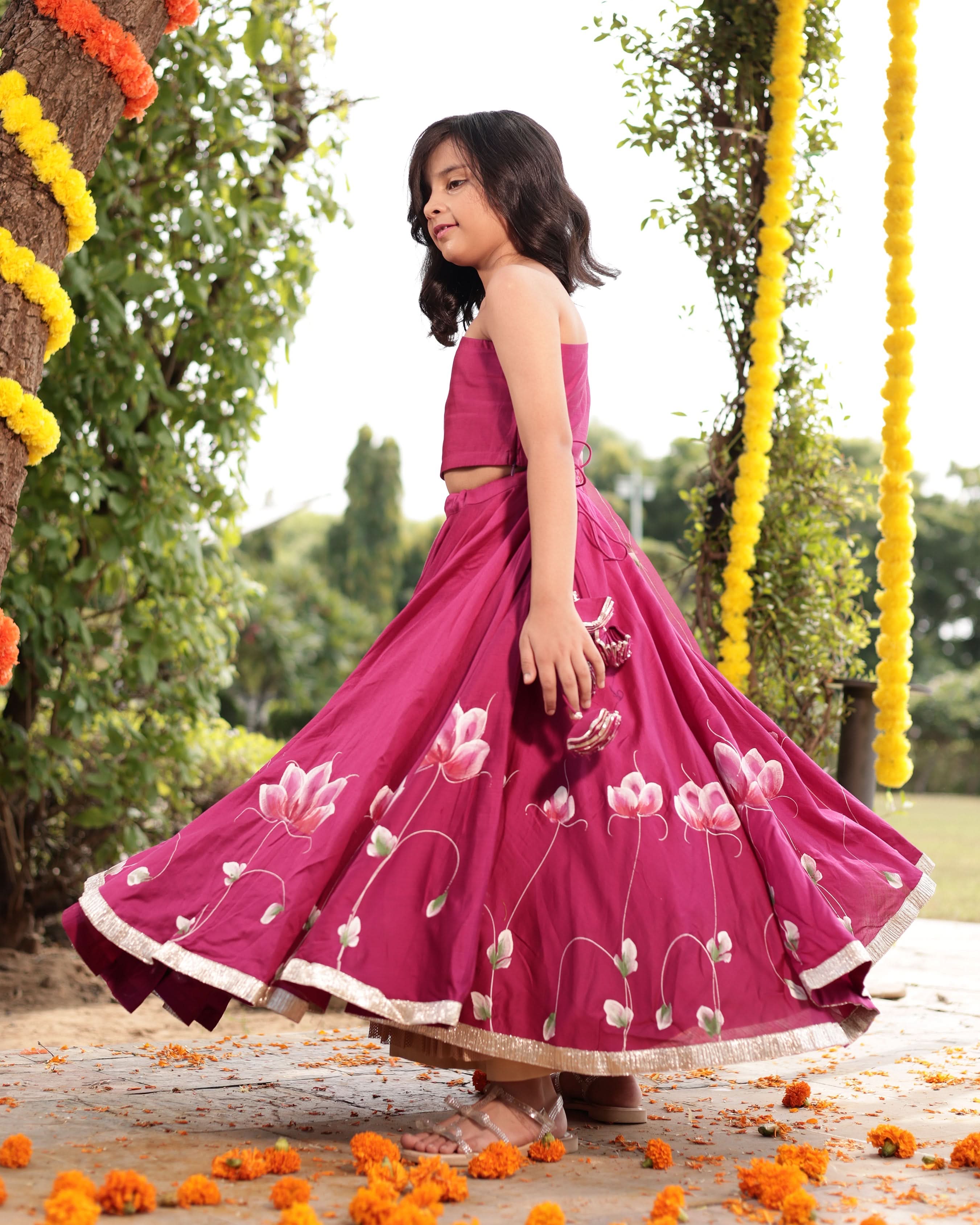Giggle Magenta Handpainted Chanderi Lehenga Set - Image 5