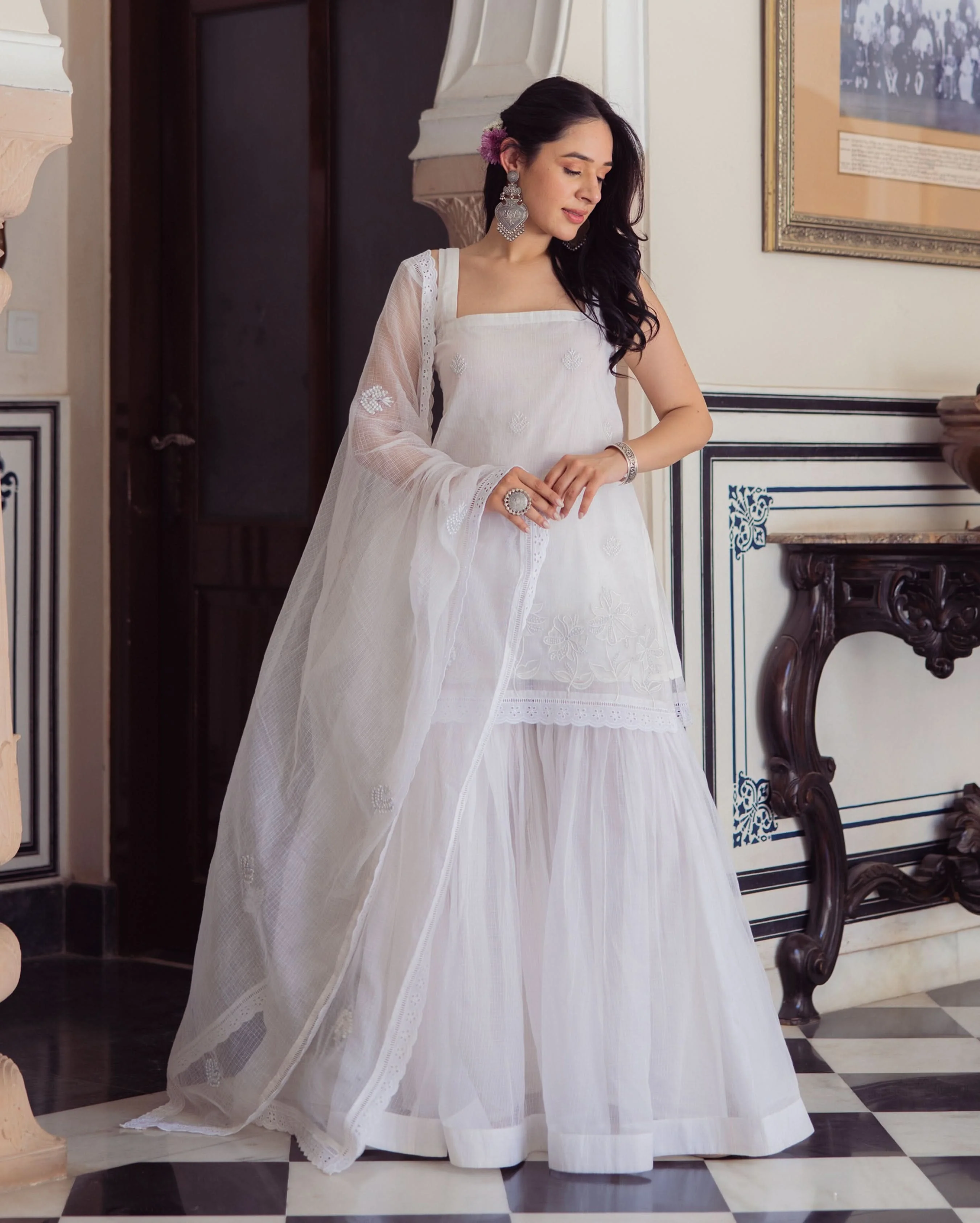 Gleaming White Embroidered Doria Sharara Set - Image 4