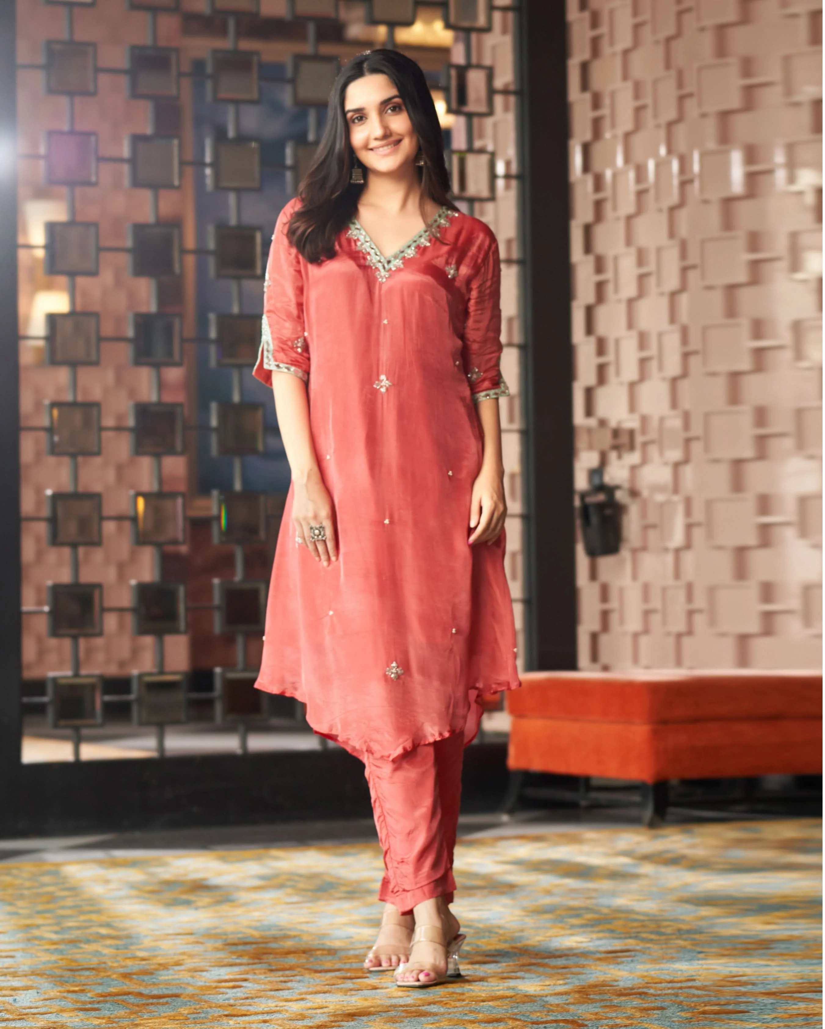 Gorya RoseGold Embroidered Silk Kurta Set - Image 3