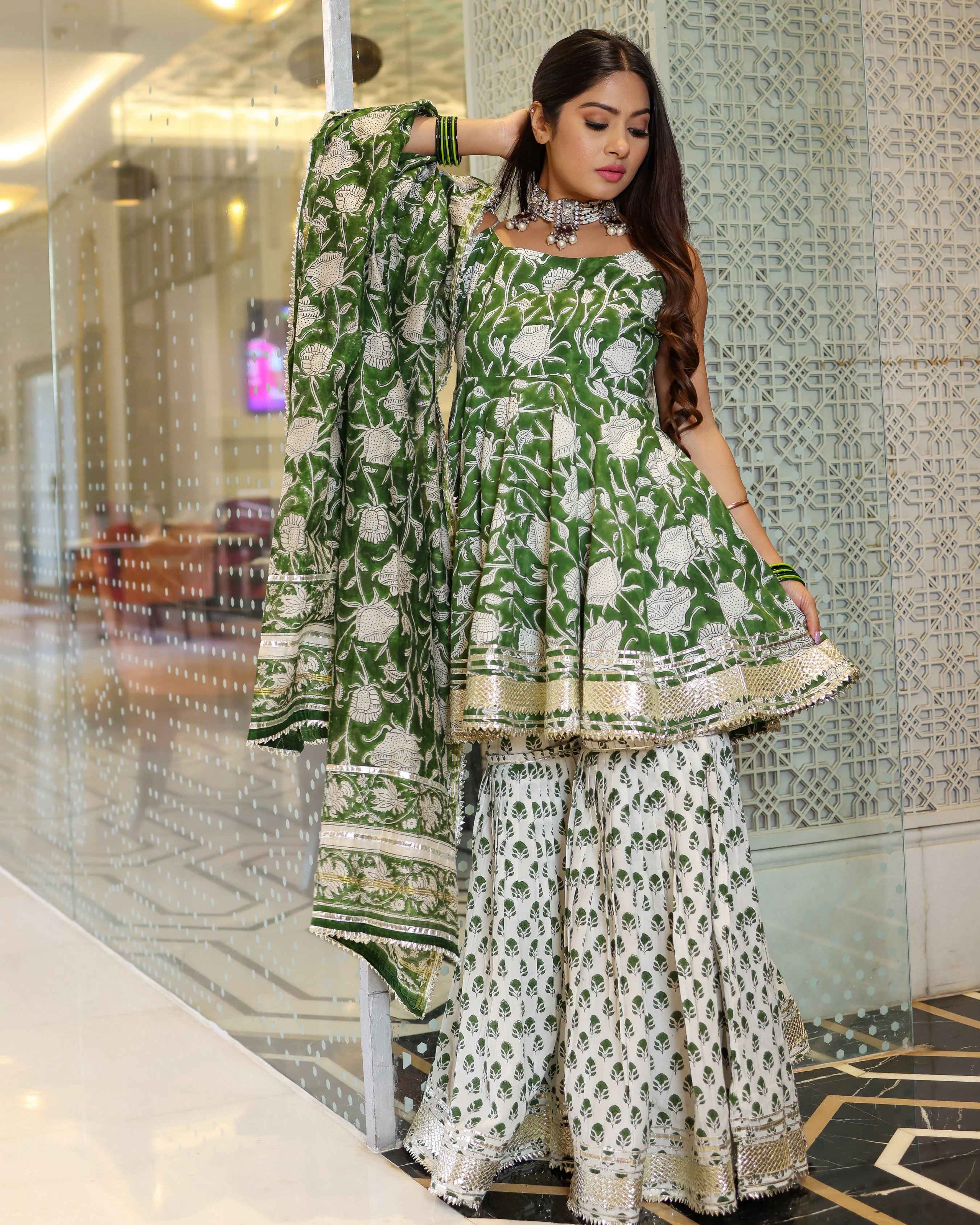 Green Butterfly Handblock Sharara Set - Image 3