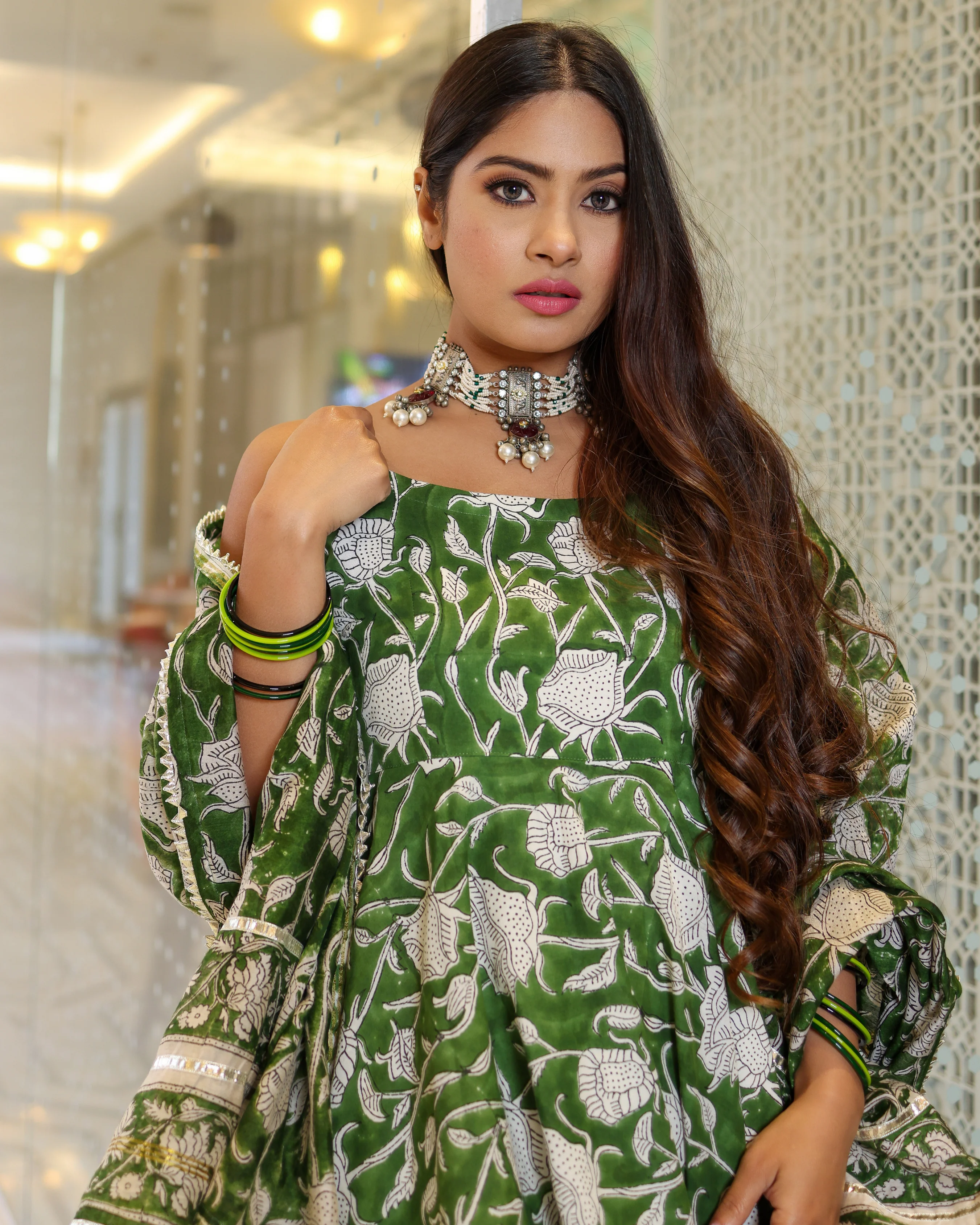 Green Butterfly Handblock Sharara Set - Image 4