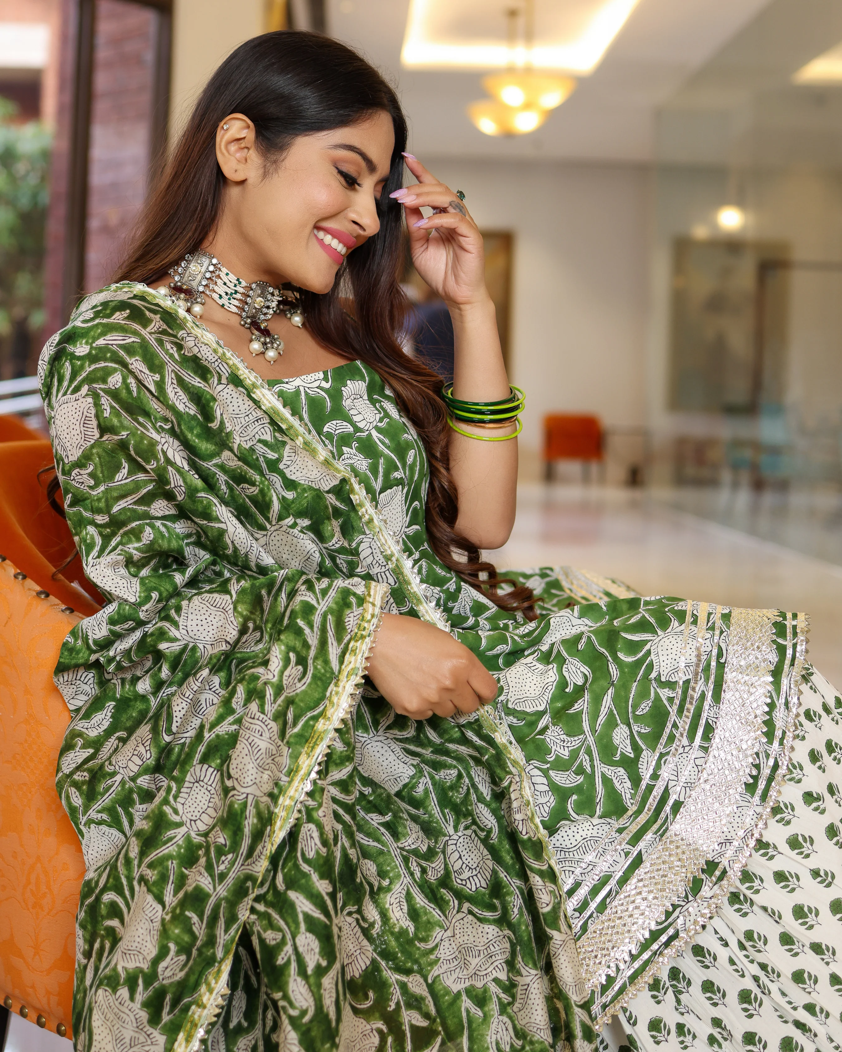 Green Butterfly Handblock Sharara Set - Image 9