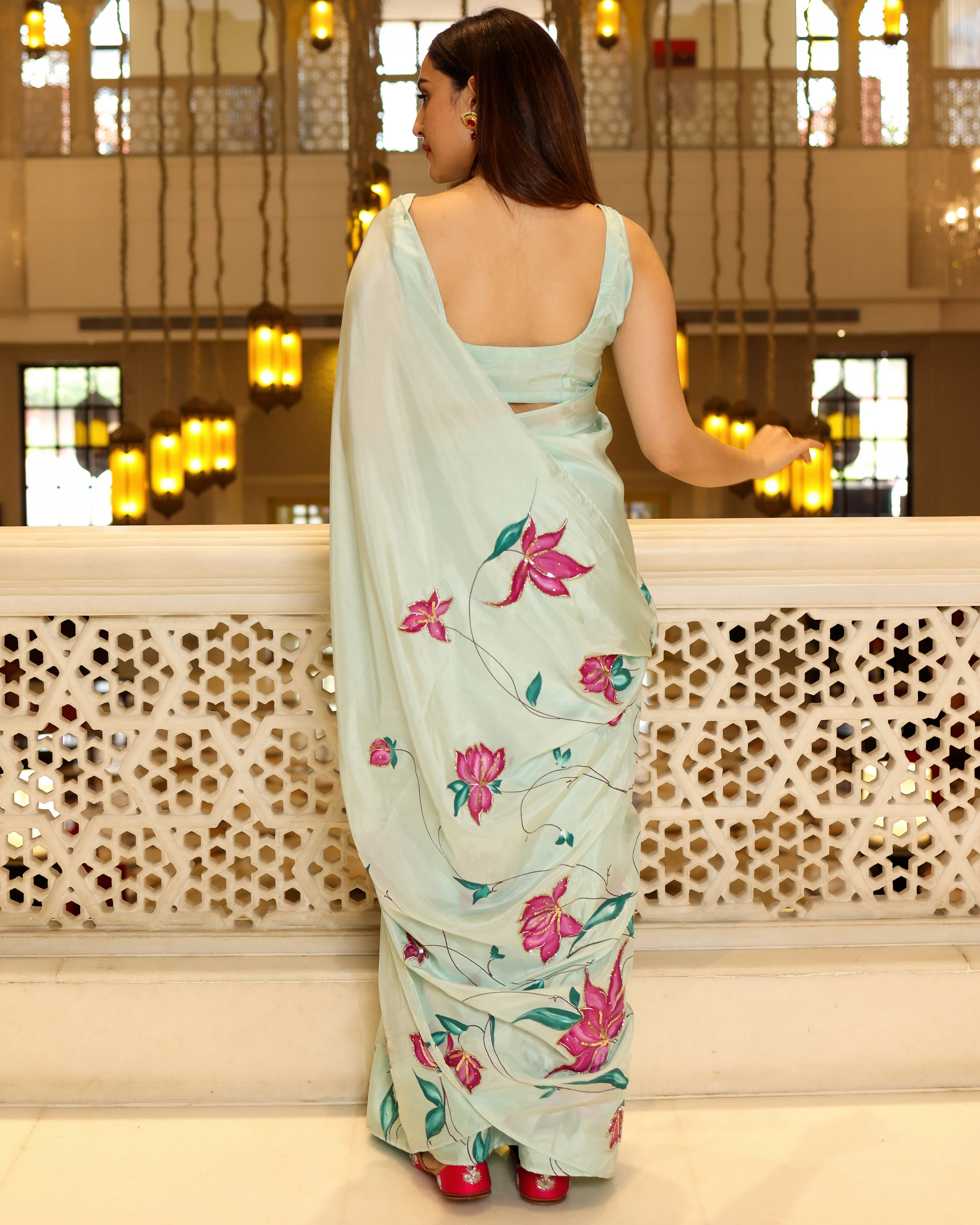 Green Cardamom Handpainted Silk Saree - Image 10