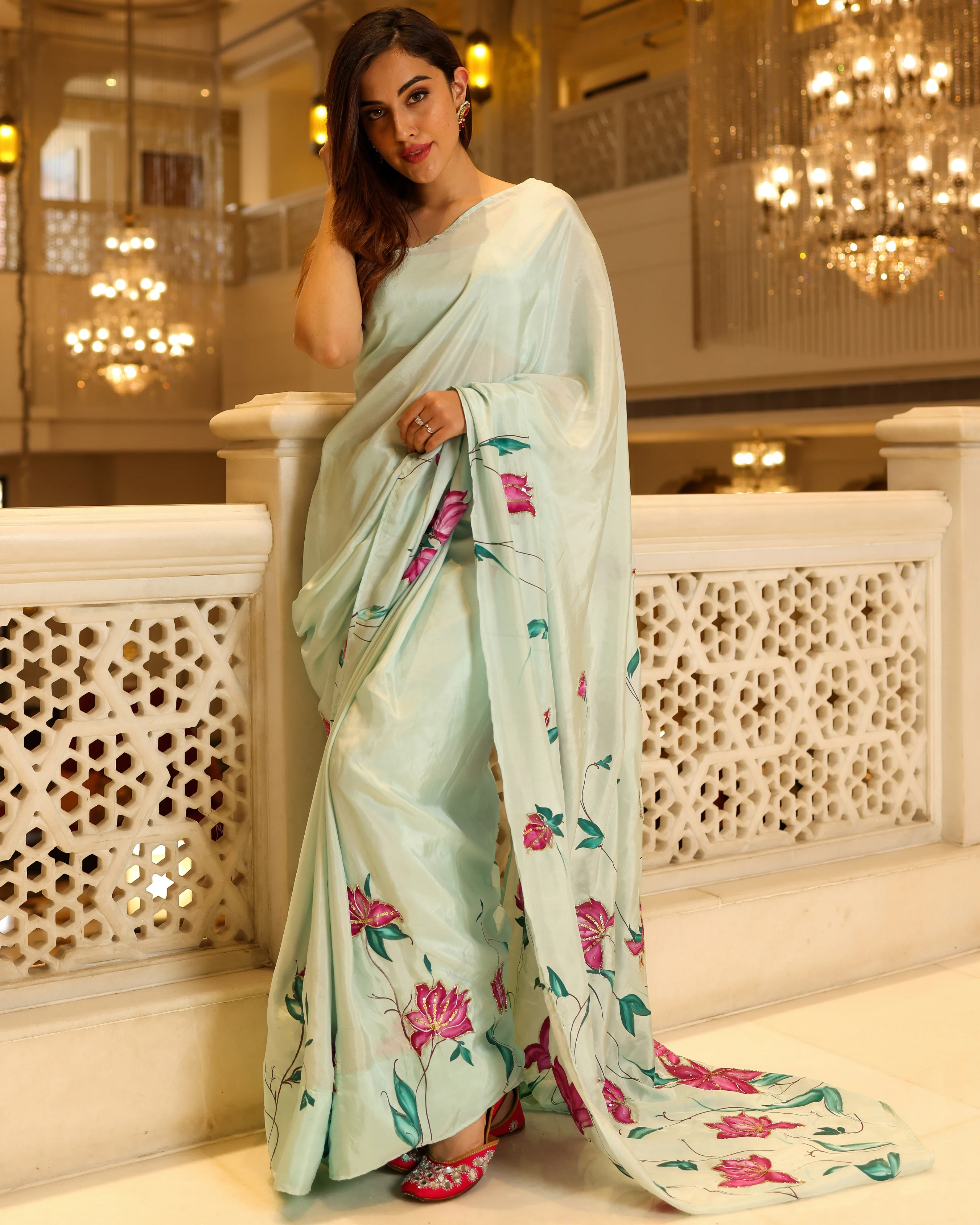 Green Cardamom Handpainted Silk Saree - Image 4