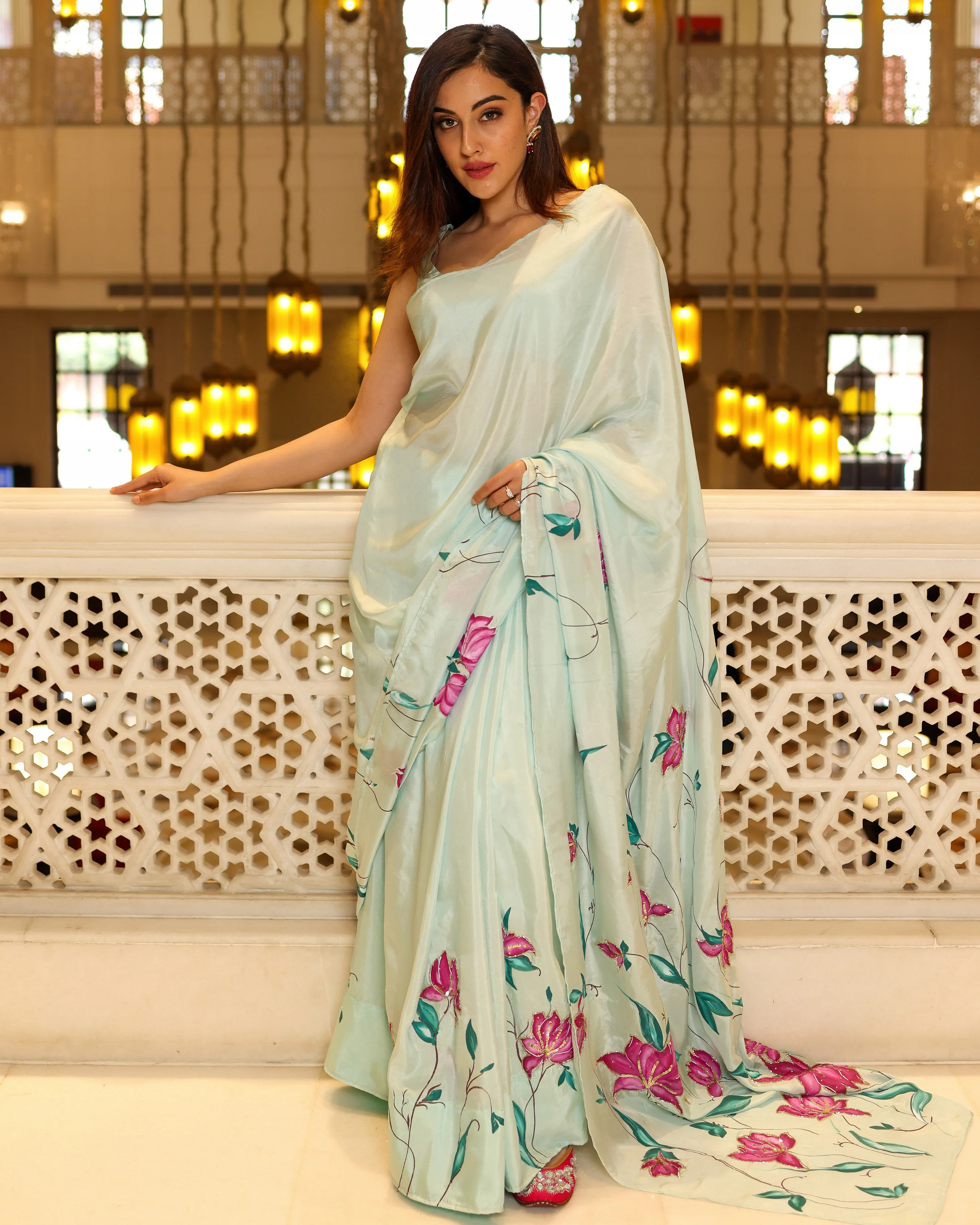 Green Cardamom Handpainted Silk Saree - Image 7