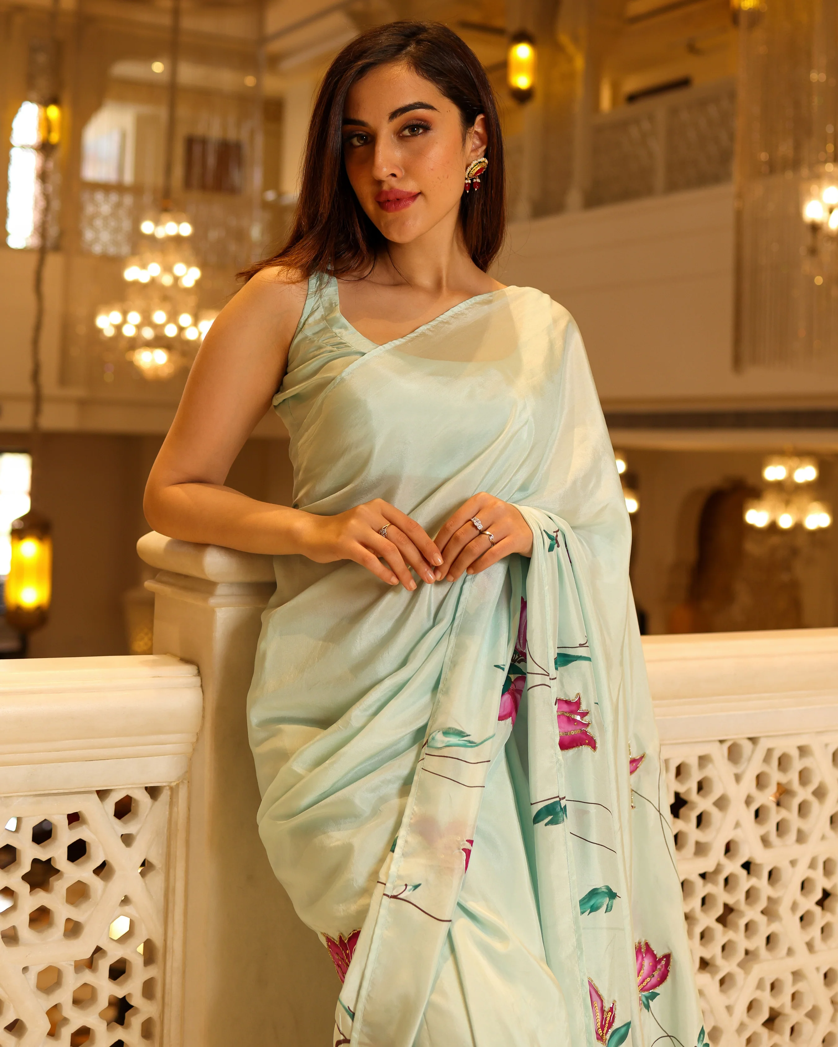 Green Cardamom Handpainted Silk Saree - Image 9