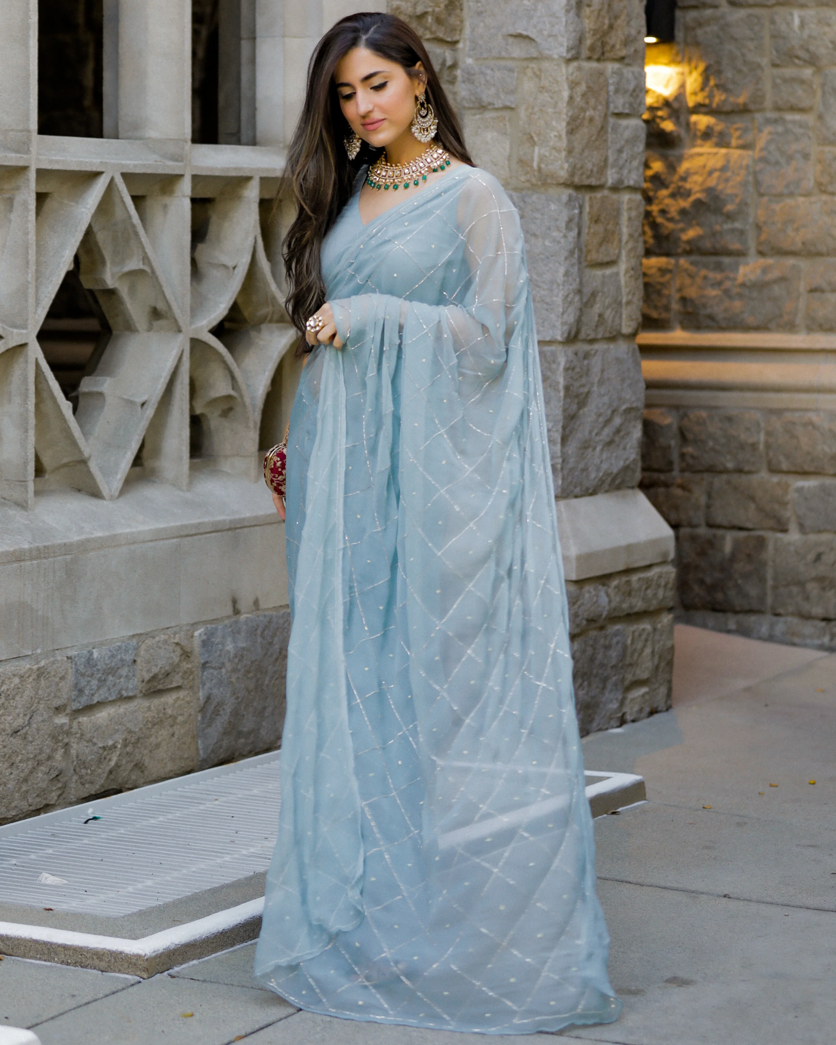 Grey Slate Pure Chiffon Saree - Image 3