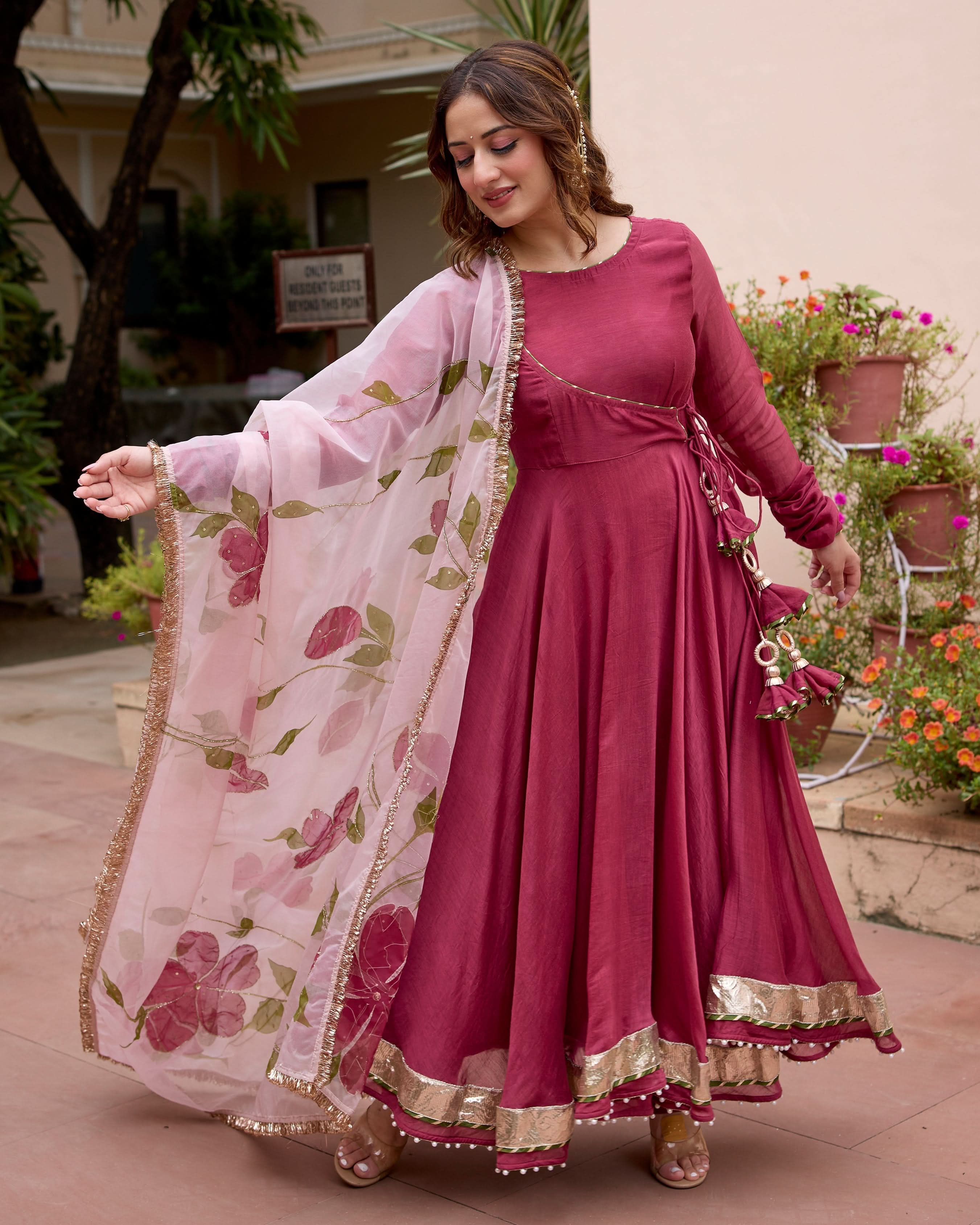 Gulmohar Wine Handpainted Chanderi Suit Set - Image 2