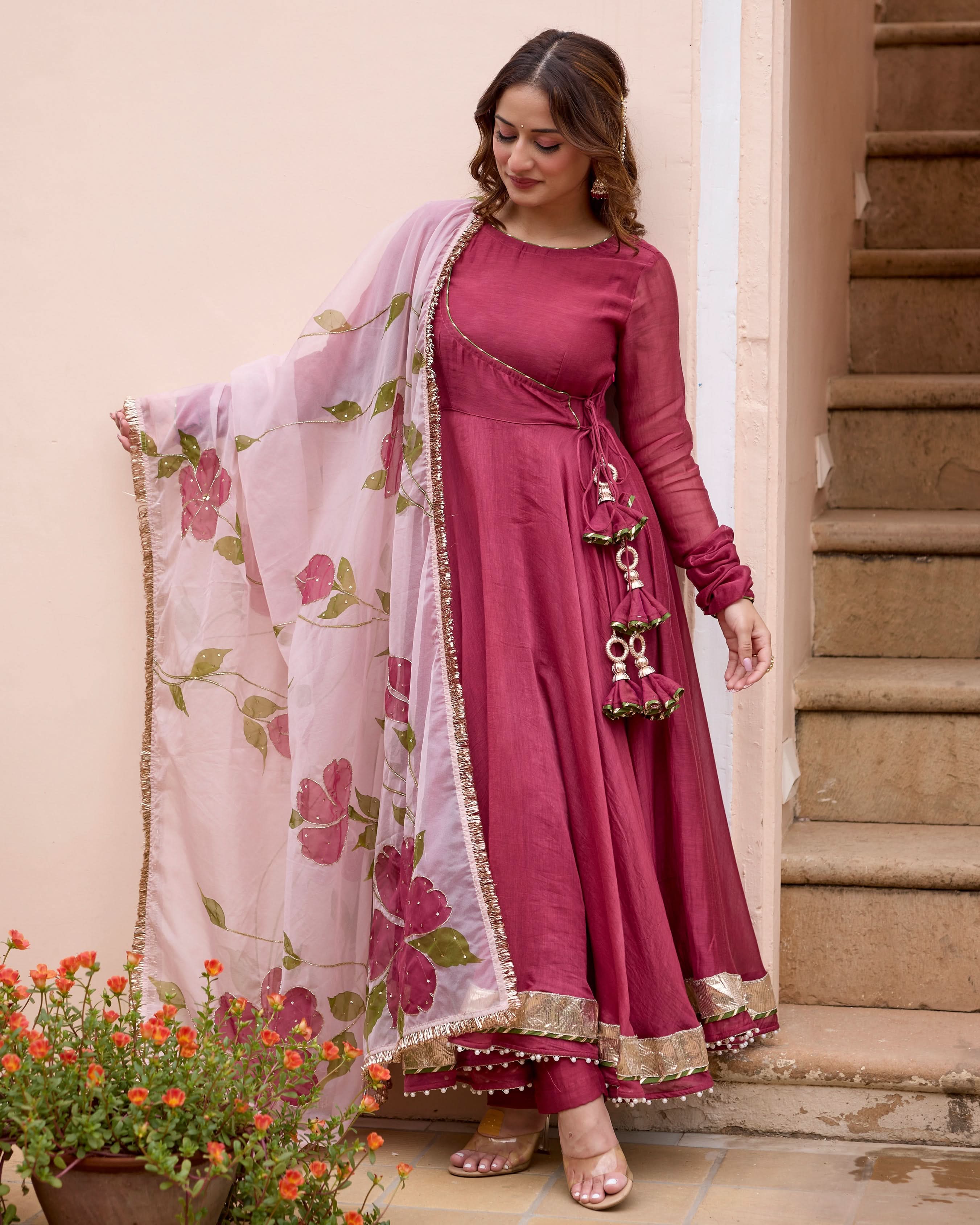 Gulmohar Wine Handpainted Chanderi Suit Set - Image 3