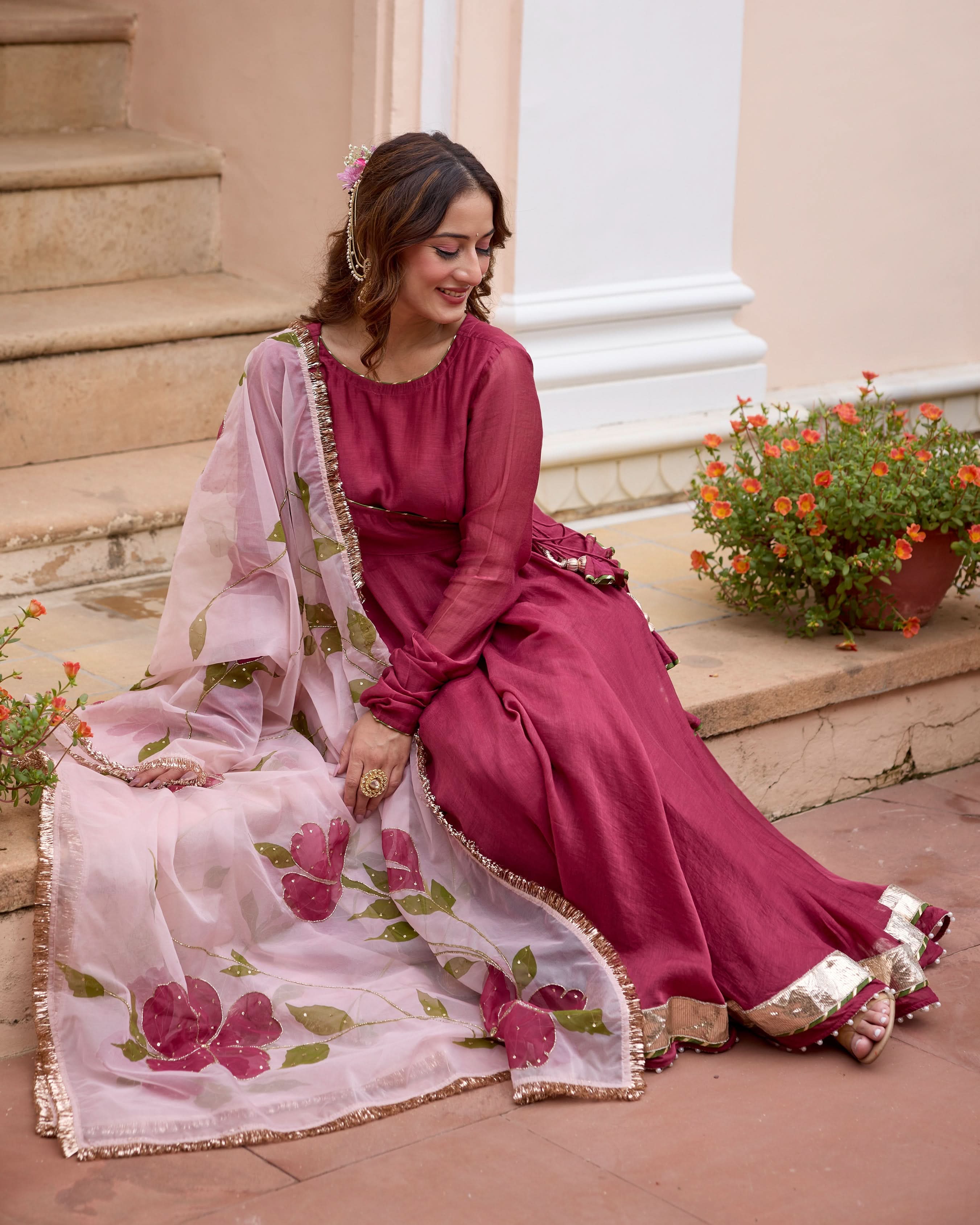 Gulmohar Wine Handpainted Chanderi Suit Set - Image 4