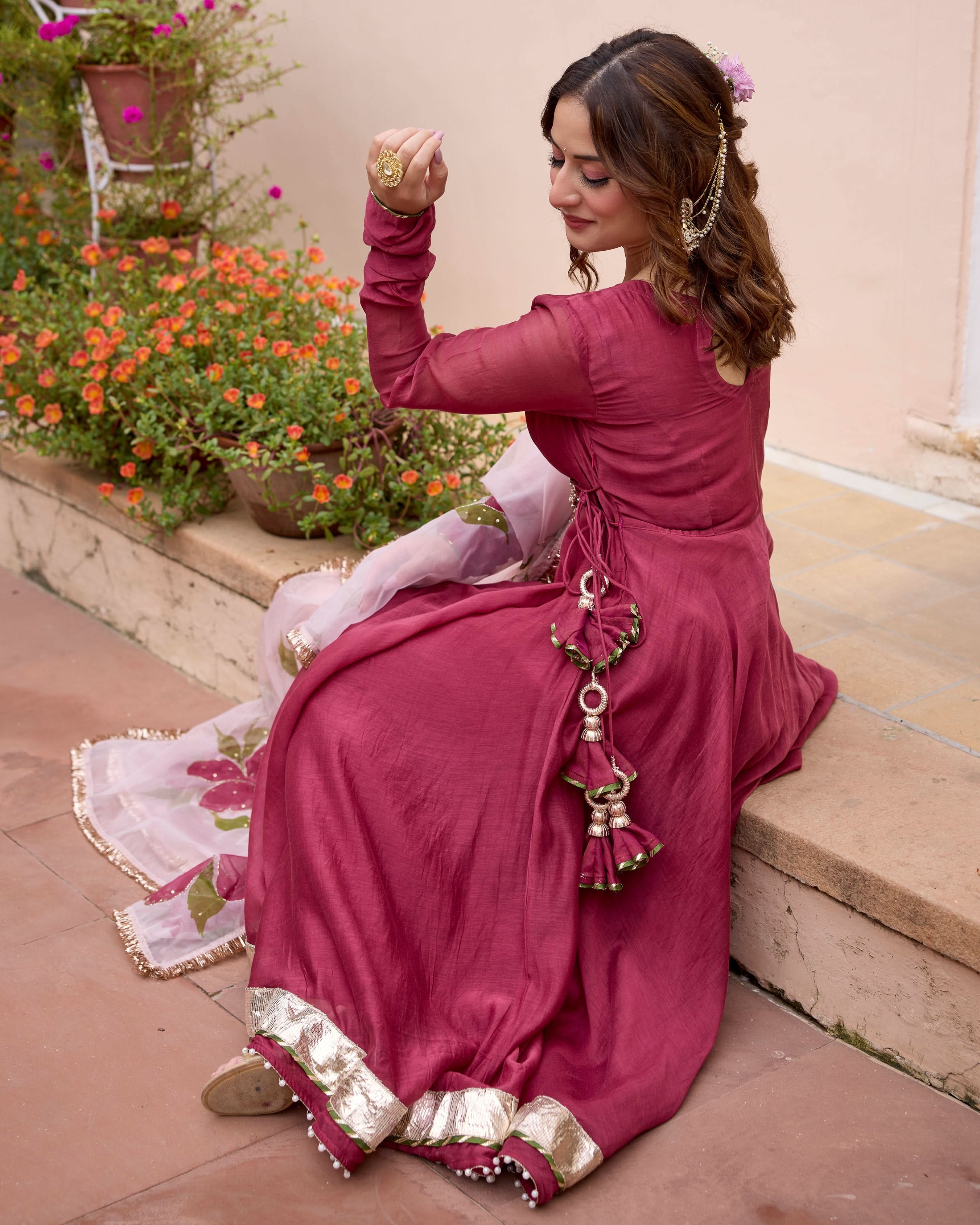 Gulmohar Wine Handpainted Chanderi Suit Set - Image 5