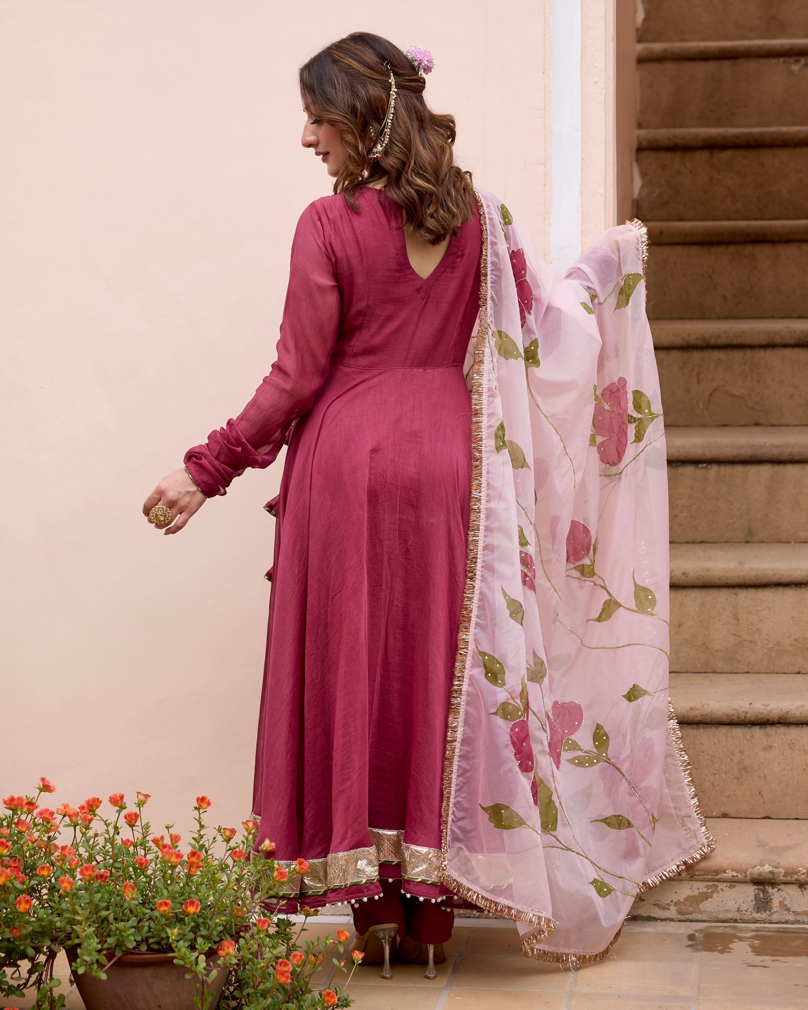 Gulmohar Wine Handpainted Chanderi Suit Set - Image 7